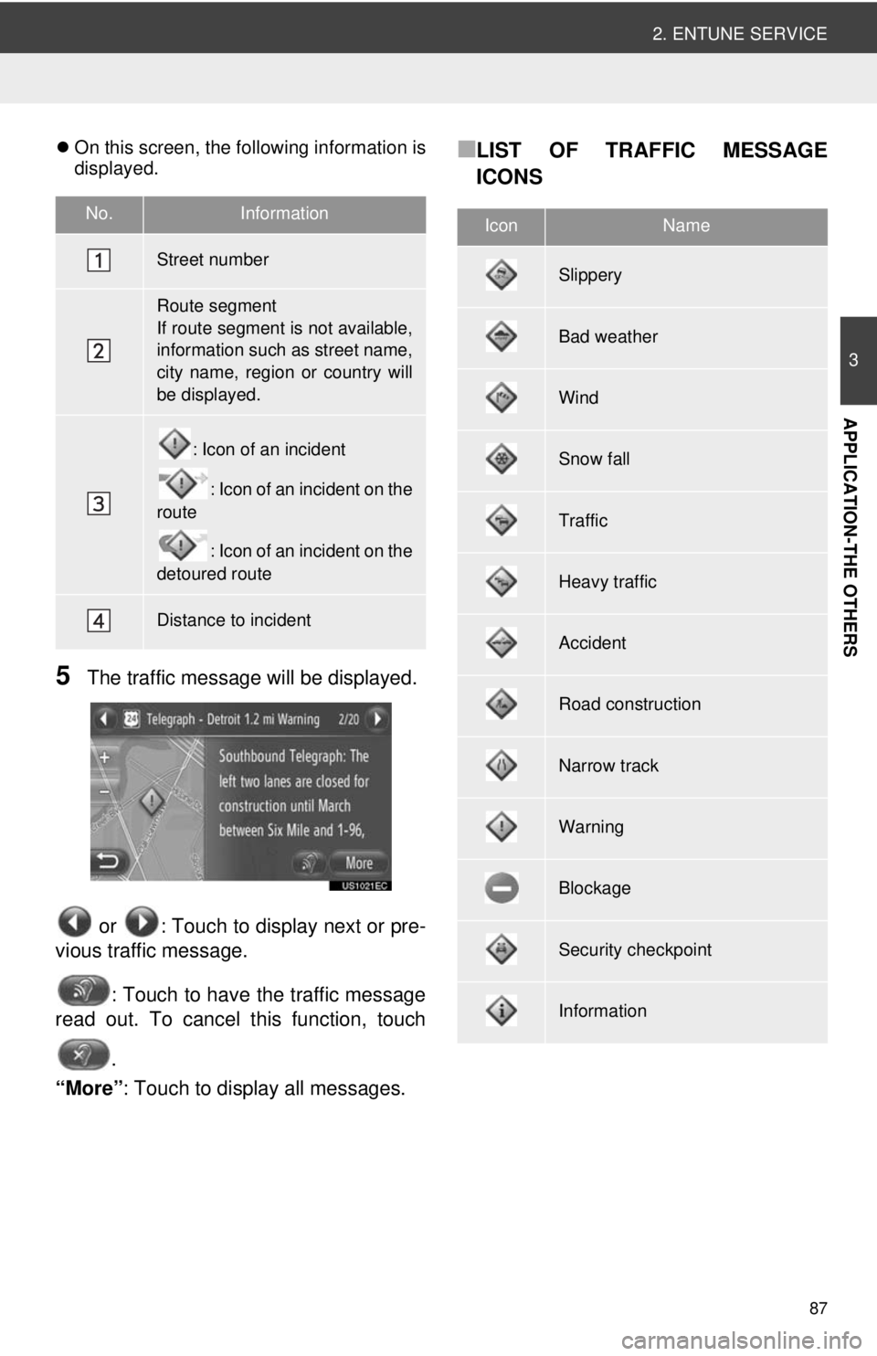 TOYOTA VENZA 2014 Accessories, Audio & Navigation (in English) 87
2. ENTUNE SERVICE
3
APPLICATION-THE OTHERS
On this screen, the following information is
displayed.
5The traffic message will be displayed.
or : Touch to display next or pre-
vious traffic mess TOYOTA VENZA 2014 Accessories, Audio & Navigation (in English) 87
2. ENTUNE SERVICE
3
APPLICATION-THE OTHERS
On this screen, the following information is
displayed.
5The traffic message will be displayed.
or : Touch to display next or pre-
vious traffic mess