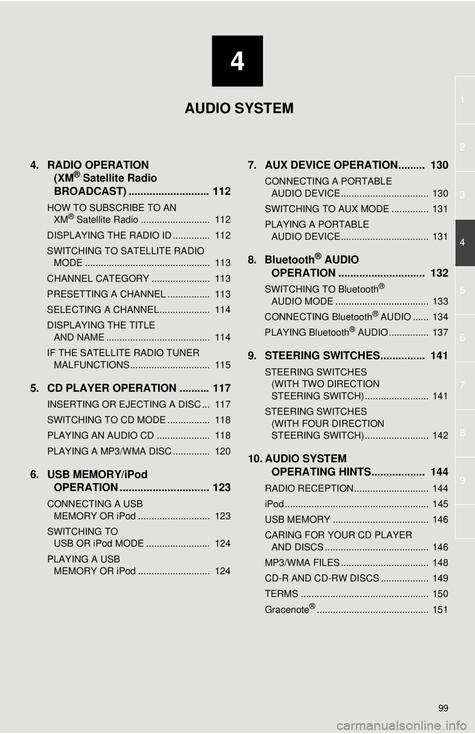 TOYOTA VENZA 2014 Accessories, Audio & Navigation (in English) 4
99
1
2
3
4
5
6
7
8
9
4. RADIO OPERATION(XM® Satellite Radio
BROADCAST) ........... ................ 112
HOW TO SUBSCRIBE TO AN
XM® Satellite Radio .......................... 112
DISPLAYING THE TOYOTA VENZA 2014 Accessories, Audio & Navigation (in English) 4
99
1
2
3
4
5
6
7
8
9
4. RADIO OPERATION(XM® Satellite Radio
BROADCAST) ........... ................ 112
HOW TO SUBSCRIBE TO AN
XM® Satellite Radio .......................... 112
DISPLAYING THE
