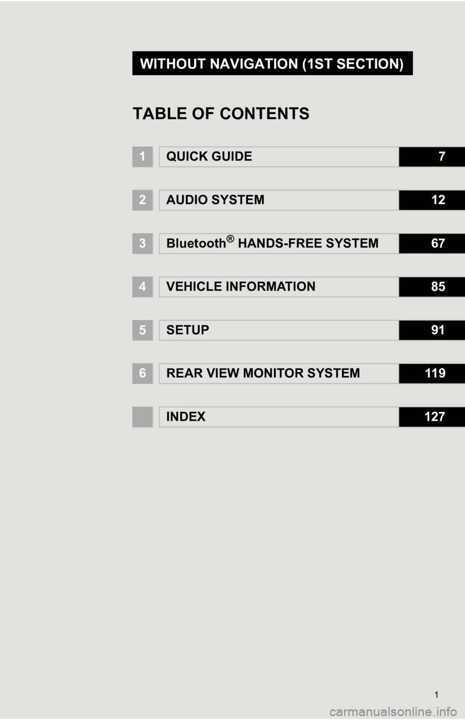 TOYOTA VENZA 2014 Accessories, Audio & Navigation (in English) 1
1QUICK GUIDE7
2AUDIO SYSTEM12
3Bluetooth® HANDS-FREE SYSTEM67
4VEHICLE INFORMATION85
5SETUP91
6REAR VIEW MONITOR SYSTEM11 9
INDEX127
TABLE OF CONTENTS
WITHOUT NAVIGATION (1ST SECTION) TOYOTA VENZA 2014 Accessories, Audio & Navigation (in English) 1
1QUICK GUIDE7
2AUDIO SYSTEM12
3Bluetooth® HANDS-FREE SYSTEM67
4VEHICLE INFORMATION85
5SETUP91
6REAR VIEW MONITOR SYSTEM11 9
INDEX127
TABLE OF CONTENTS
WITHOUT NAVIGATION (1ST SECTION)