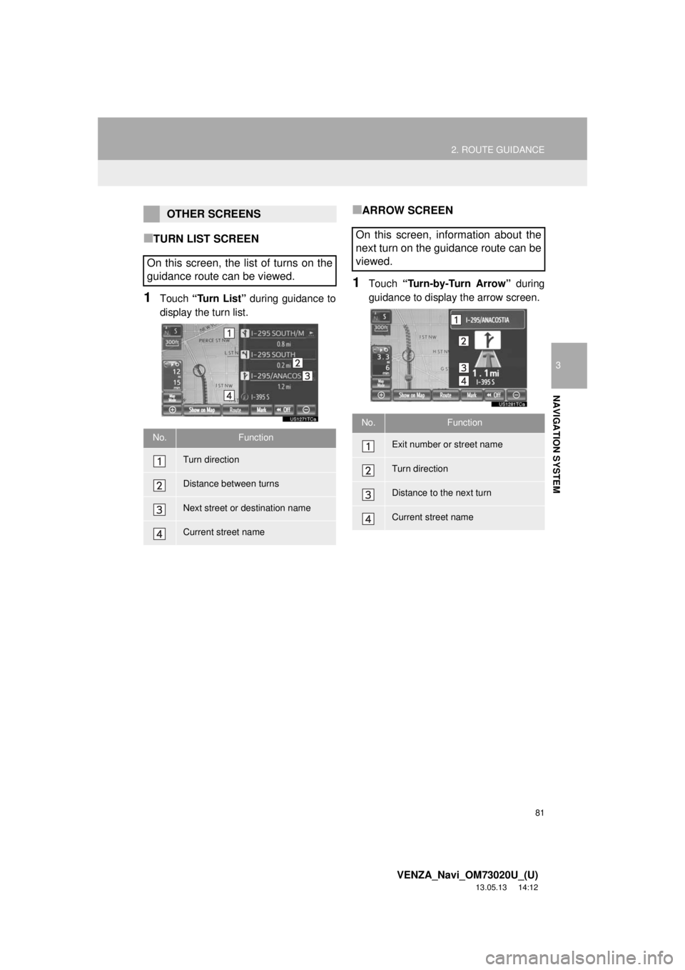 TOYOTA VENZA 2014 Accessories, Audio & Navigation (in English) 81
2. ROUTE GUIDANCE
3
NAVIGATION SYSTEM
VENZA_Navi_OM73020U_(U)
13.05.13 14:12
■TURN LIST SCREEN
1Touch “Turn List” during guidance to
display the turn list.
■ARROW SCREEN
1Touch “Turn- TOYOTA VENZA 2014 Accessories, Audio & Navigation (in English) 81
2. ROUTE GUIDANCE
3
NAVIGATION SYSTEM
VENZA_Navi_OM73020U_(U)
13.05.13 14:12
■TURN LIST SCREEN
1Touch “Turn List” during guidance to
display the turn list.
■ARROW SCREEN
1Touch “Turn-
