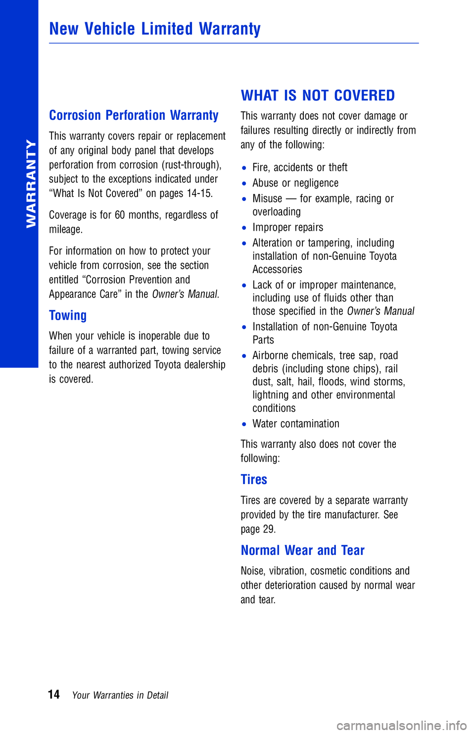 TOYOTA VENZA 2014 Warranties & Maintenance Guides (in English) JOBNAME: 1491505-2014-ven-toy PAGE: 14 SESS: 11 OUTPUT: Wed Jul 3 15:07:34 2013
/tweddle/toyota/sched-maint/1491505-en-ven/wg
Corrosion Perforation Warranty
This warranty covers repair or replacement
TOYOTA VENZA 2014 Warranties & Maintenance Guides (in English) JOBNAME: 1491505-2014-ven-toy PAGE: 14 SESS: 11 OUTPUT: Wed Jul 3 15:07:34 2013
/tweddle/toyota/sched-maint/1491505-en-ven/wg
Corrosion Perforation Warranty
This warranty covers repair or replacement