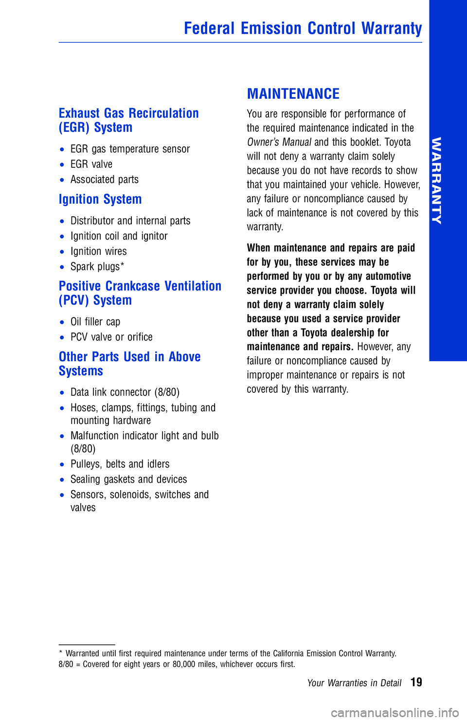 TOYOTA VENZA 2014 Warranties & Maintenance Guides (in English) JOBNAME: 1491505-2014-ven-toy PAGE: 19 SESS: 11 OUTPUT: Wed Jul 3 15:07:34 2013
/tweddle/toyota/sched-maint/1491505-en-ven/wg
Exhaust Gas Recirculation
(EGR) System
•EGR gas temperature sensor
• E TOYOTA VENZA 2014 Warranties & Maintenance Guides (in English) JOBNAME: 1491505-2014-ven-toy PAGE: 19 SESS: 11 OUTPUT: Wed Jul 3 15:07:34 2013
/tweddle/toyota/sched-maint/1491505-en-ven/wg
Exhaust Gas Recirculation
(EGR) System
•EGR gas temperature sensor
• E