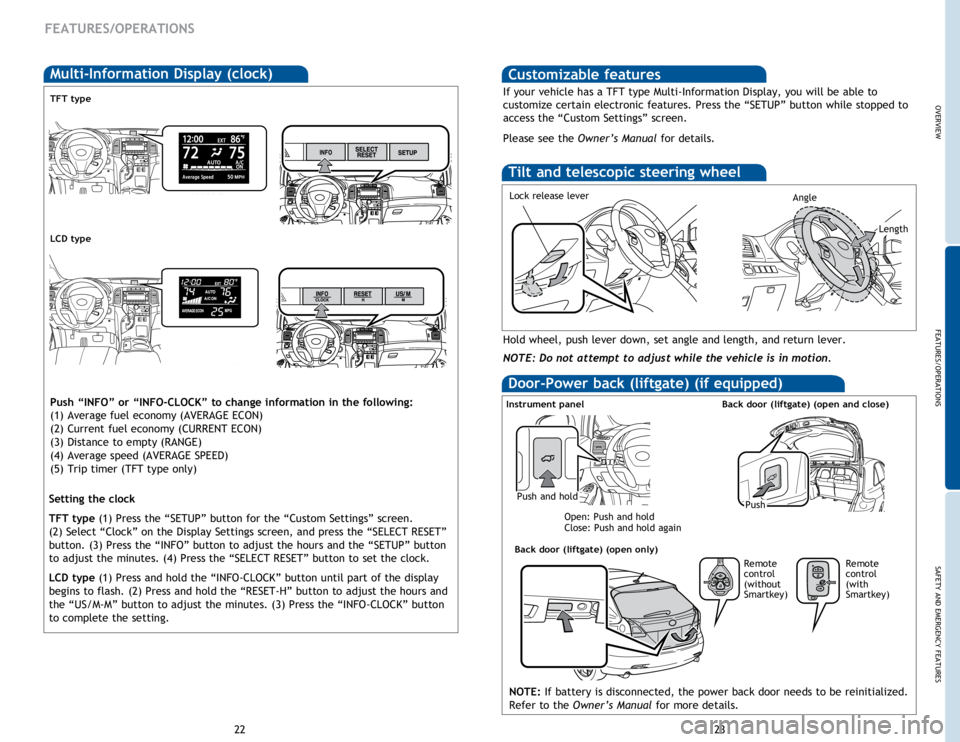 TOYOTA VENZA 2015   (in English) User Guide OVERVIEW
FEATURES/OPERATIONS
SAFETY AND EMERGENCY FEATURES
23
22
FEATURES/OPERATIONS
Multi-Information Display (clock)
Push “INFO” or “INFO-CLOCK” to change information in the following:
(1) A