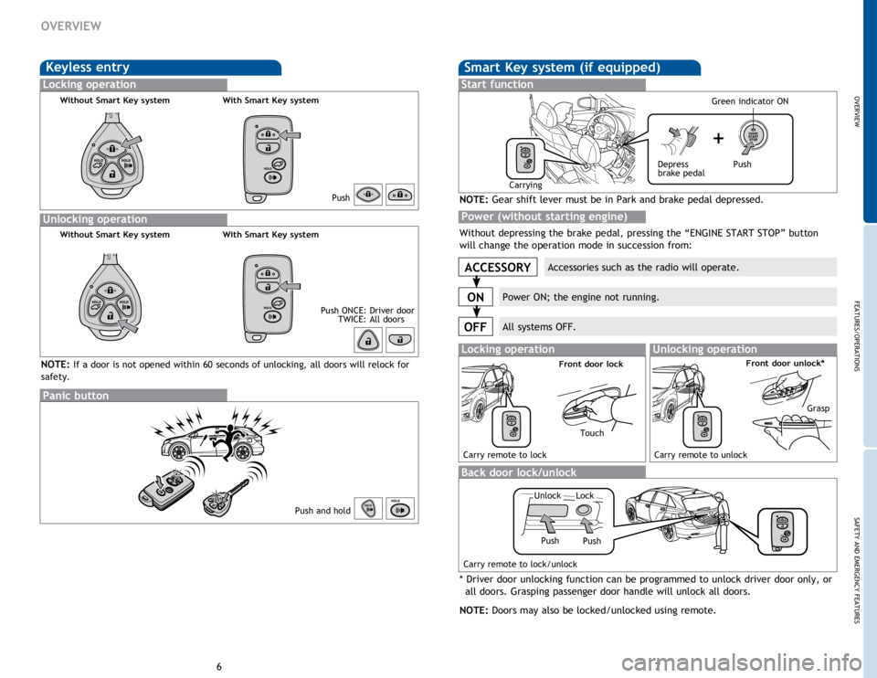 TOYOTA VENZA 2015 Owners Manual (in English) OVERVIEW
FEATURES/OPERATIONS
SAFETY AND EMERGENCY FEATURES
67
OVERVIEW
Smart Key system (if equipped)
Start function
Accessories such as the radio will operate.
Power ON; the engine not running.
All s TOYOTA VENZA 2015 Owners Manual (in English) OVERVIEW
FEATURES/OPERATIONS
SAFETY AND EMERGENCY FEATURES
67
OVERVIEW
Smart Key system (if equipped)
Start function
Accessories such as the radio will operate.
Power ON; the engine not running.
All s