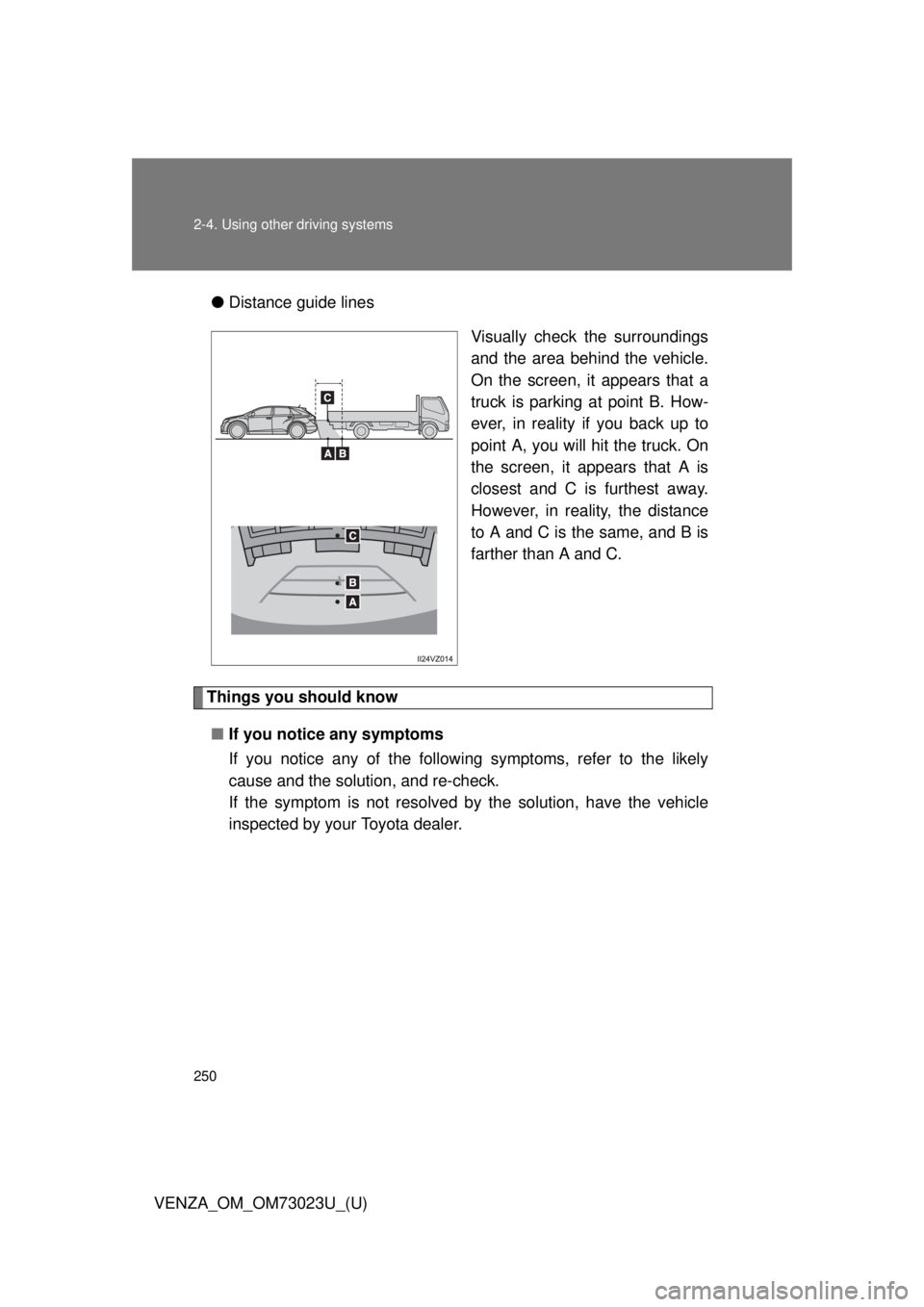 TOYOTA VENZA 2015 Owners Manual (in English) 250 2-4. Using other driving systems
VENZA_OM_OM73023U_(U)●
Distance guide lines
Visually check the surroundings
and the area behind the vehicle.
On the screen, it appears that a
truck is parking at TOYOTA VENZA 2015 Owners Manual (in English) 250 2-4. Using other driving systems
VENZA_OM_OM73023U_(U)●
Distance guide lines
Visually check the surroundings
and the area behind the vehicle.
On the screen, it appears that a
truck is parking at