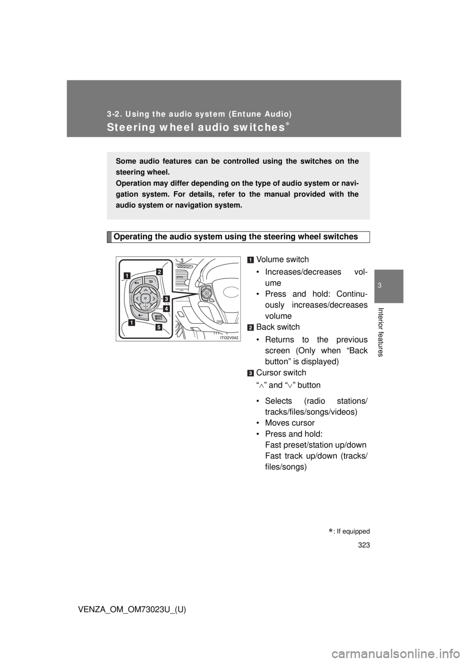TOYOTA VENZA 2015  Owners Manual (in English) 323
3-2. Using the audio system (Entune Audio)
VENZA_OM_OM73023U_(U)
3
Interior features
Steering wheel audio switches
Operating the audio system using the steering wheel switchesVolume switch
•  TOYOTA VENZA 2015  Owners Manual (in English) 323
3-2. Using the audio system (Entune Audio)
VENZA_OM_OM73023U_(U)
3
Interior features
Steering wheel audio switches
Operating the audio system using the steering wheel switchesVolume switch
•