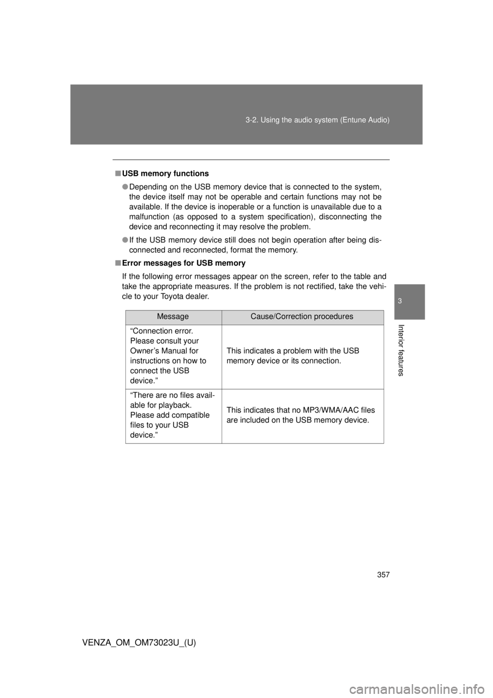 TOYOTA VENZA 2015 Owners Manual (in English) 357
3-2. Using the audio system (Entune Audio)
VENZA_OM_OM73023U_(U)
3
Interior features
■
USB memory functions
●Depending on the USB memory device that is connected to the system,
the device itse TOYOTA VENZA 2015 Owners Manual (in English) 357
3-2. Using the audio system (Entune Audio)
VENZA_OM_OM73023U_(U)
3
Interior features
■
USB memory functions
●Depending on the USB memory device that is connected to the system,
the device itse