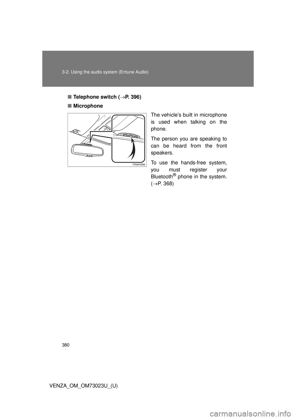TOYOTA VENZA 2015  Owners Manual (in English) 380 3-2. Using the audio system (Entune Audio)
VENZA_OM_OM73023U_(U)■
Telephone switch ( P. 396)
■ Microphone
The vehicle’s built in microphone
is used when talking on the
phone.
The person y
