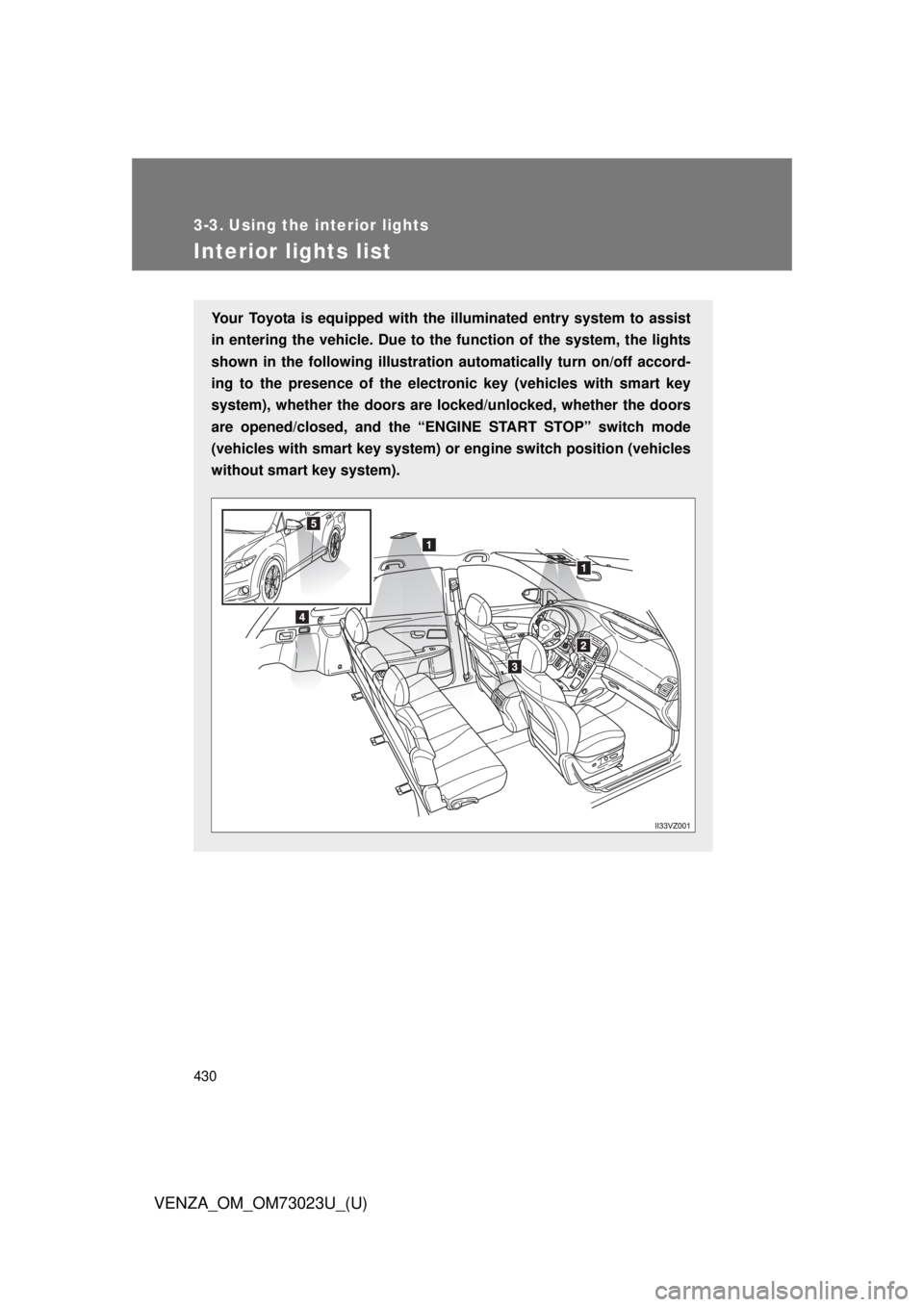 TOYOTA VENZA 2015  Owners Manual (in English) 430
VENZA_OM_OM73023U_(U)
3-3. Using the interior lights
Interior lights list
Your Toyota is equipped with the illuminated entry system to assist
in entering the vehicle. Due to th e function of the s