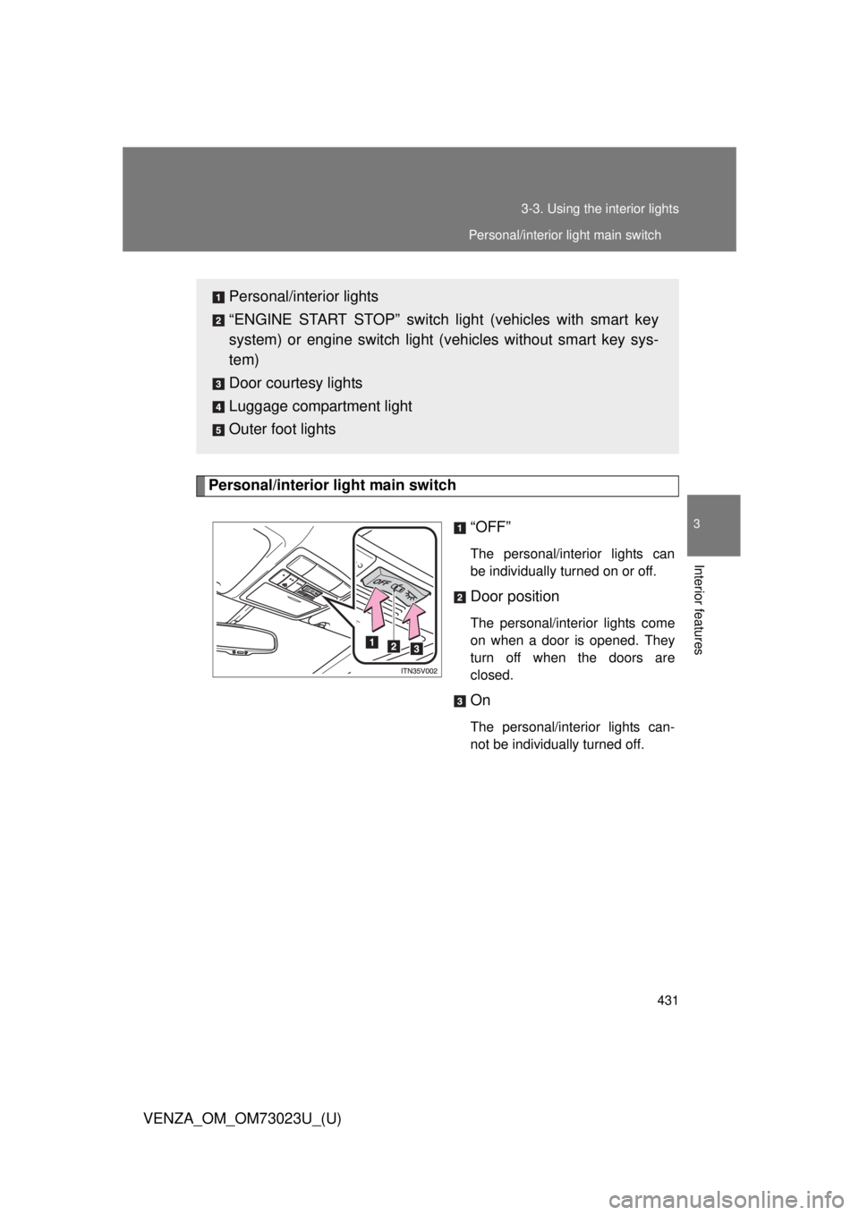 TOYOTA VENZA 2015  Owners Manual (in English) 431
3-3. Using the interior lights
3
Interior features
VENZA_OM_OM73023U_(U)
Personal/interior light main switch
“OFF”
The personal/interior lights can
be individually turned on or off.
Door posit