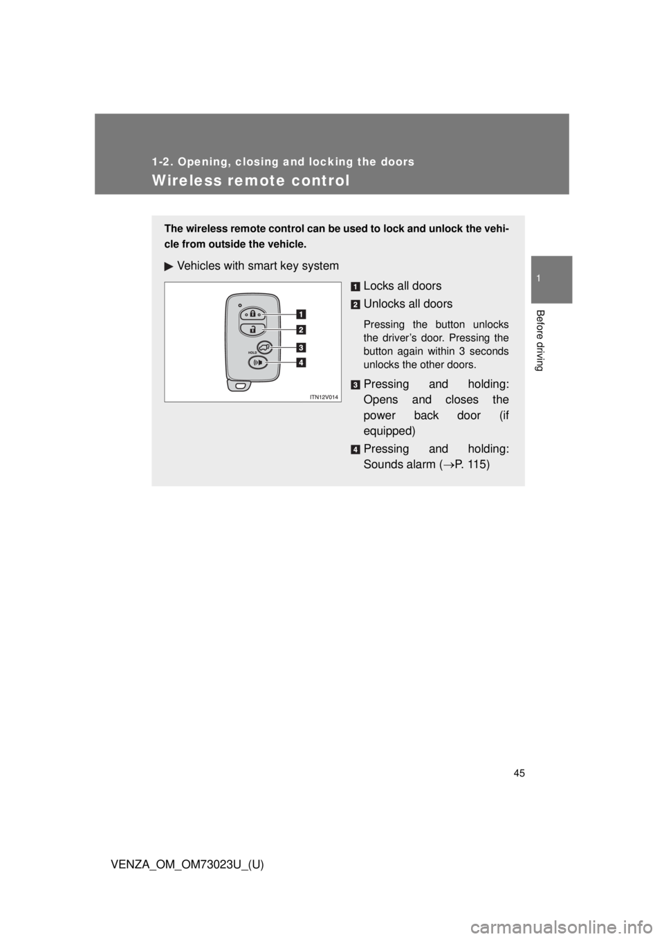 TOYOTA VENZA 2015 (in English) Service Manual 45
1
1-2. Opening, closing and locking the doors
Before driving
VENZA_OM_OM73023U_(U)
Wireless remote control
The wireless remote control can be used to lock and unlock the vehi-
cle from outside the TOYOTA VENZA 2015 (in English) Service Manual 45
1
1-2. Opening, closing and locking the doors
Before driving
VENZA_OM_OM73023U_(U)
Wireless remote control
The wireless remote control can be used to lock and unlock the vehi-
cle from outside the