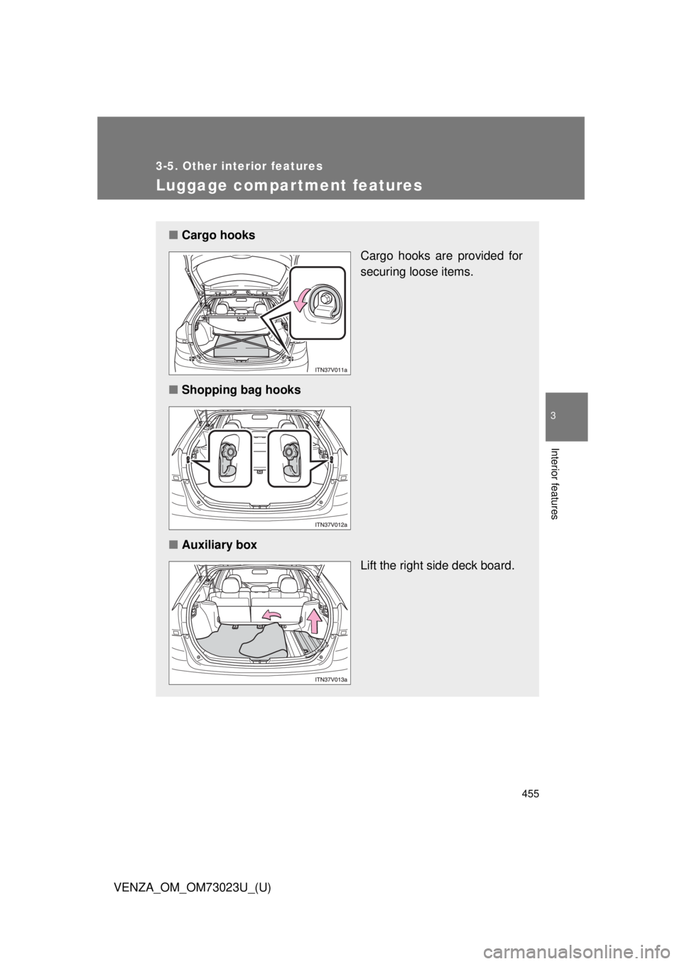 TOYOTA VENZA 2015  Owners Manual (in English) 455
3-5. Other interior features
3
Interior features
VENZA_OM_OM73023U_(U)
Luggage compar tment features
■Cargo hooks
Cargo hooks are provided for
securing loose items.
■ Shopping bag hooks
■ Au