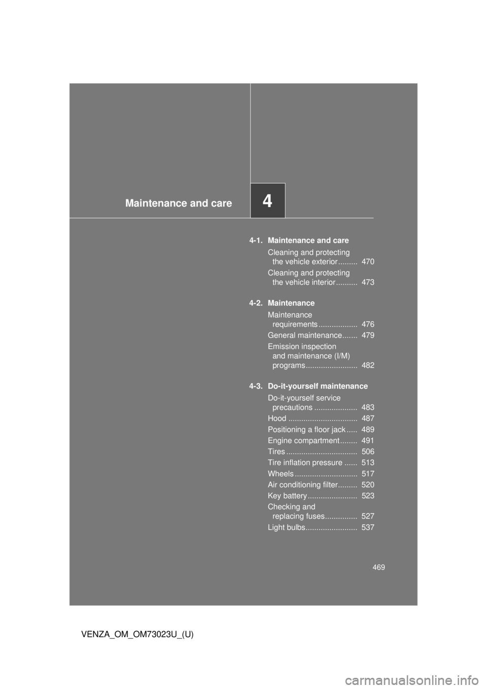 TOYOTA VENZA 2015 Owners Manual (in English) Maintenance and care4
469
VENZA_OM_OM73023U_(U)
4-1. Maintenance and careCleaning and protecting the vehicle exterior ......... 470
Cleaning and protecting the vehicle interior .......... 473
4-2. TOYOTA VENZA 2015 Owners Manual (in English) Maintenance and care4
469
VENZA_OM_OM73023U_(U)
4-1. Maintenance and careCleaning and protecting the vehicle exterior ......... 470
Cleaning and protecting the vehicle interior .......... 473
4-2.