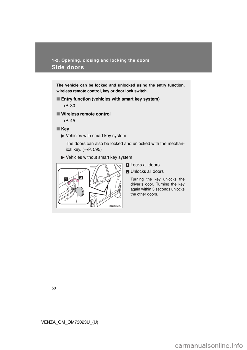 TOYOTA VENZA 2015 (in English) Service Manual 50
1-2. Opening, closing and locking the doors
VENZA_OM_OM73023U_(U)
Side doors
The vehicle can be locked and unlocked using the entry function,
wireless remote control, key or door lock switch.
■E TOYOTA VENZA 2015 (in English) Service Manual 50
1-2. Opening, closing and locking the doors
VENZA_OM_OM73023U_(U)
Side doors
The vehicle can be locked and unlocked using the entry function,
wireless remote control, key or door lock switch.
■E