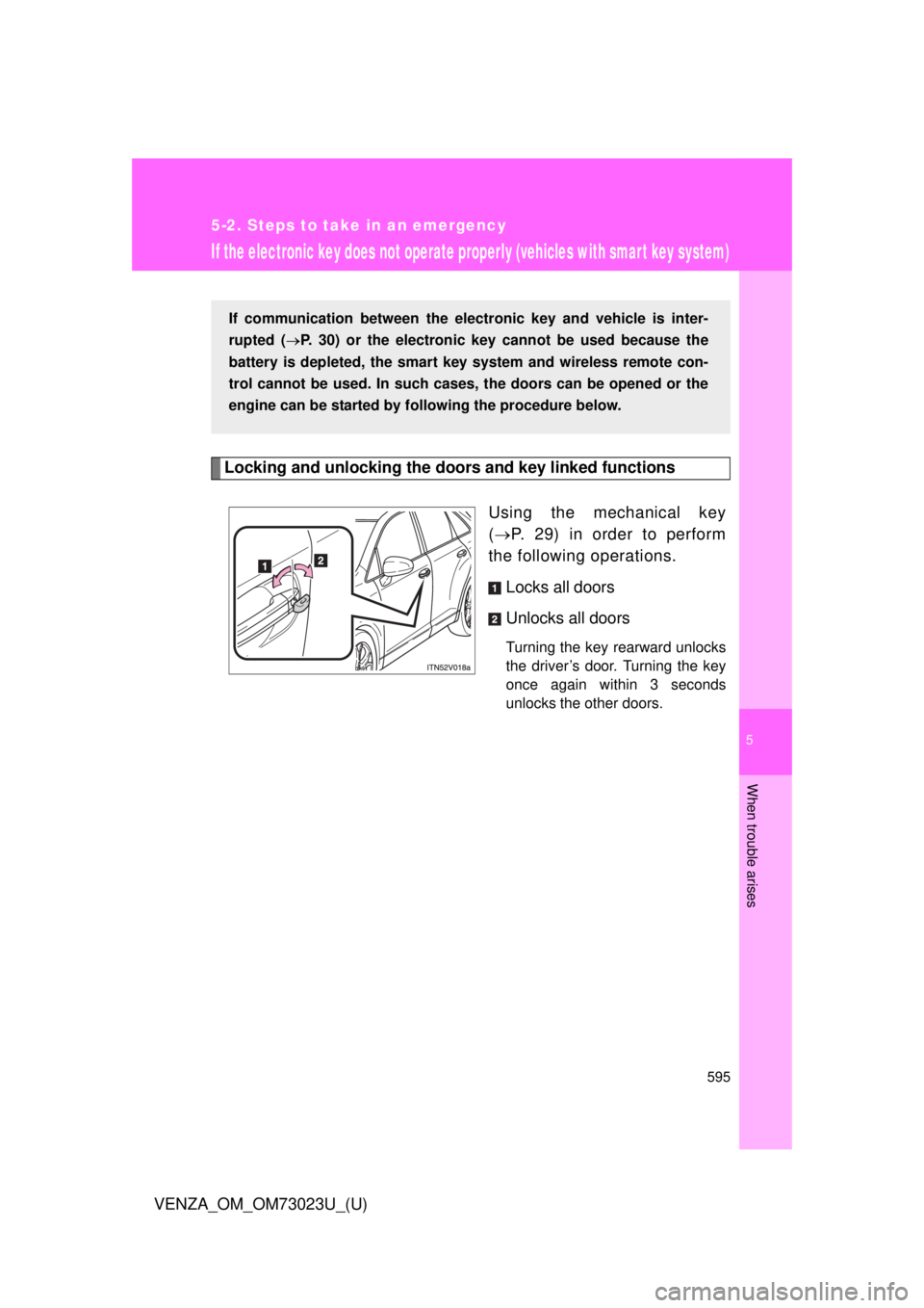 TOYOTA VENZA 2015 Owners Manual (in English) 5
When trouble arises
595
5-2. Steps to take in an emergency
VENZA_OM_OM73023U_(U)
If the electronic key does not operate properly (vehicles with smar t key system)
Locking and unlocking the door s an TOYOTA VENZA 2015 Owners Manual (in English) 5
When trouble arises
595
5-2. Steps to take in an emergency
VENZA_OM_OM73023U_(U)
If the electronic key does not operate properly (vehicles with smar t key system)
Locking and unlocking the door s an