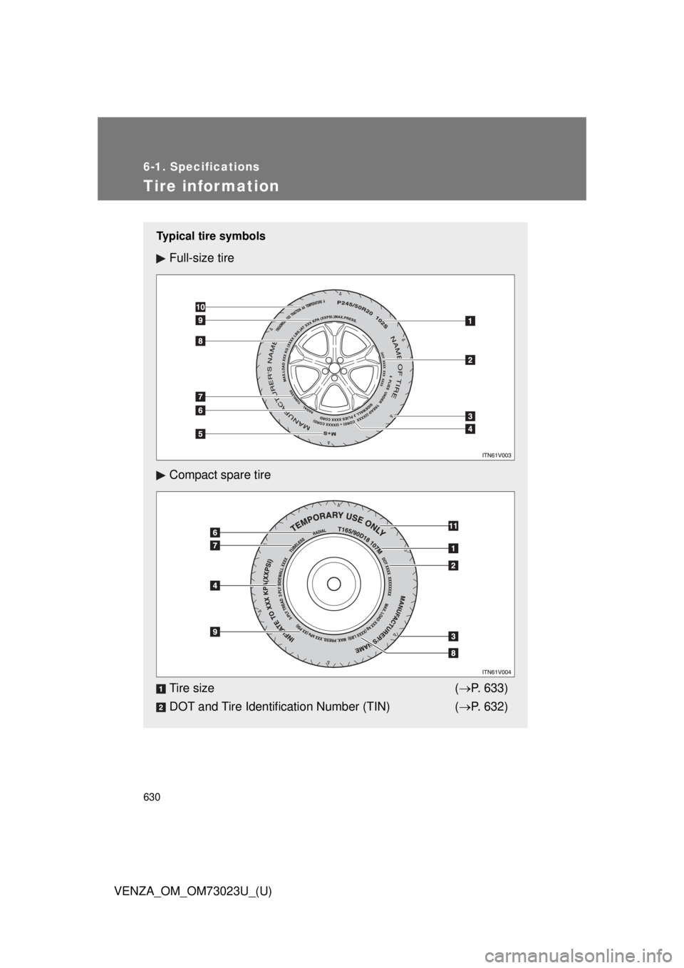 TOYOTA VENZA 2015 Owners Manual (in English) 630
6-1. Specifications
VENZA_OM_OM73023U_(U)
Tire infor mation
Typical tire symbols
Full-size tire
Compact spare tire
Tire size (P. 633)
DOT and Tire Identification Number (TIN) ( P. 632) TOYOTA VENZA 2015 Owners Manual (in English) 630
6-1. Specifications
VENZA_OM_OM73023U_(U)
Tire infor mation
Typical tire symbols
Full-size tire
Compact spare tire
Tire size (P. 633)
DOT and Tire Identification Number (TIN) ( P. 632)
