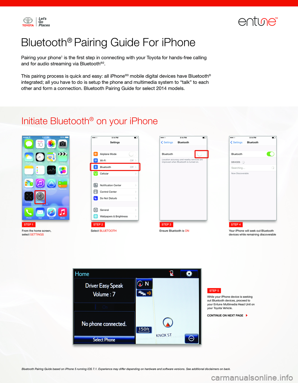 TOYOTA VENZA 2015  Accessories, Audio & Navigation (in English) Initiate Bluetooth® on your iPhone
From the home screen,
select SETTINGSSelect BLUETOOTH
Ensure Bluetooth is ON Your iPhone will seek out Bluetooth 
devices while remaining discoverable
Bluetooth® P