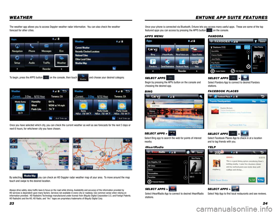 TOYOTA VENZA 2015 Accessories, Audio & Navigation (in English) 2324
WEATHERENTUNE APP SUITE FEATURES
SELECT APPS >
Select Bing app to search the web for points of interest
nearby. BING
SELECT APPS >
Select Pandora App to connect to desired Pandora
stations TOYOTA VENZA 2015 Accessories, Audio & Navigation (in English) 2324
WEATHERENTUNE APP SUITE FEATURES
SELECT APPS >
Select Bing app to search the web for points of interest
nearby. BING
SELECT APPS >
Select Pandora App to connect to desired Pandora
stations