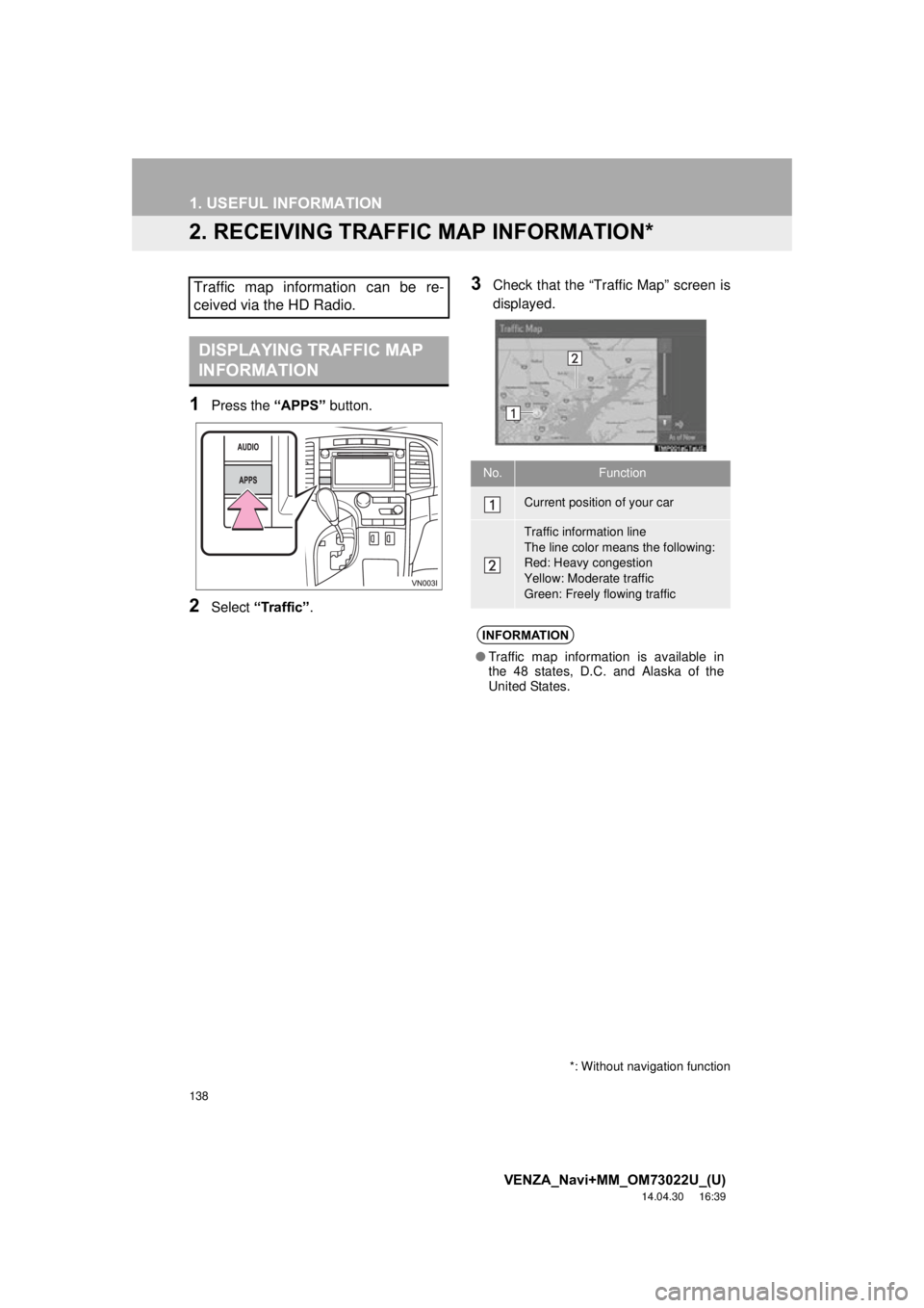 TOYOTA VENZA 2015  Accessories, Audio & Navigation (in English) 138
1. USEFUL INFORMATION
VENZA_Navi+MM_OM73022U_(U)
14.04.30     16:39
2. RECEIVING TRAFFIC MAP INFORMATION*
1Press the “APPS” button.
2Select “Traffic”.
3Check that the “Traffic Map” scr