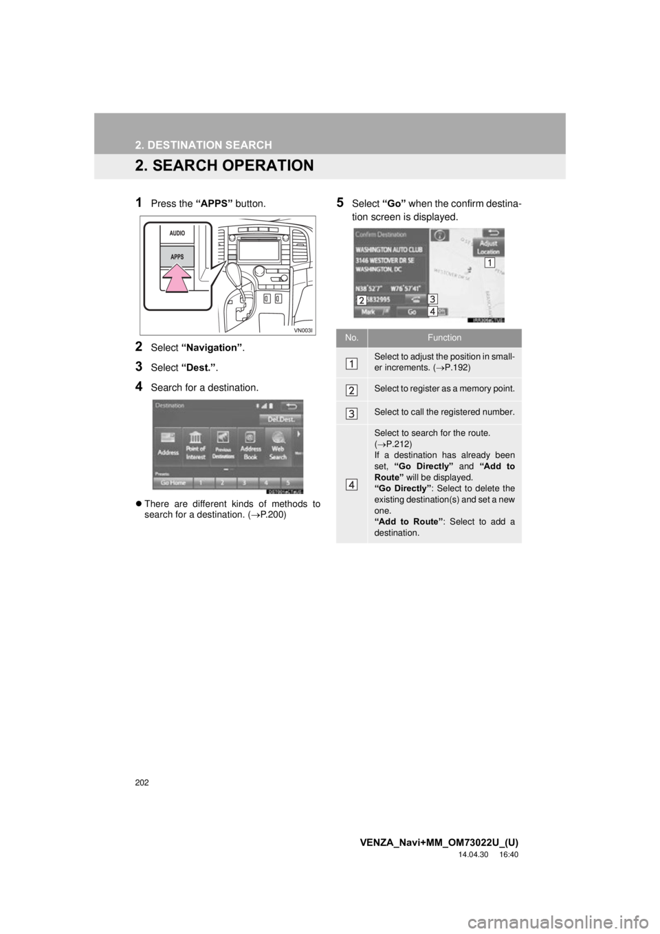 TOYOTA VENZA 2015  Accessories, Audio & Navigation (in English) 202
2. DESTINATION SEARCH
VENZA_Navi+MM_OM73022U_(U)
14.04.30     16:40
2. SEARCH OPERATION
1Press the “APPS” button.
2Select “Navigation” .
3Select “Dest.” .
4Search for a destination.
