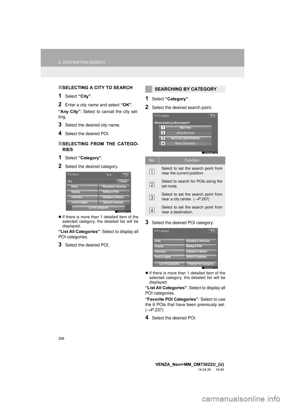 TOYOTA VENZA 2015  Accessories, Audio & Navigation (in English) 206
2. DESTINATION SEARCH
VENZA_Navi+MM_OM73022U_(U)
14.04.30     16:40
■SELECTING A CITY TO SEARCH
1Select “City”.
2Enter a city name and select  “OK”.
“Any  City”: Select to cancel the