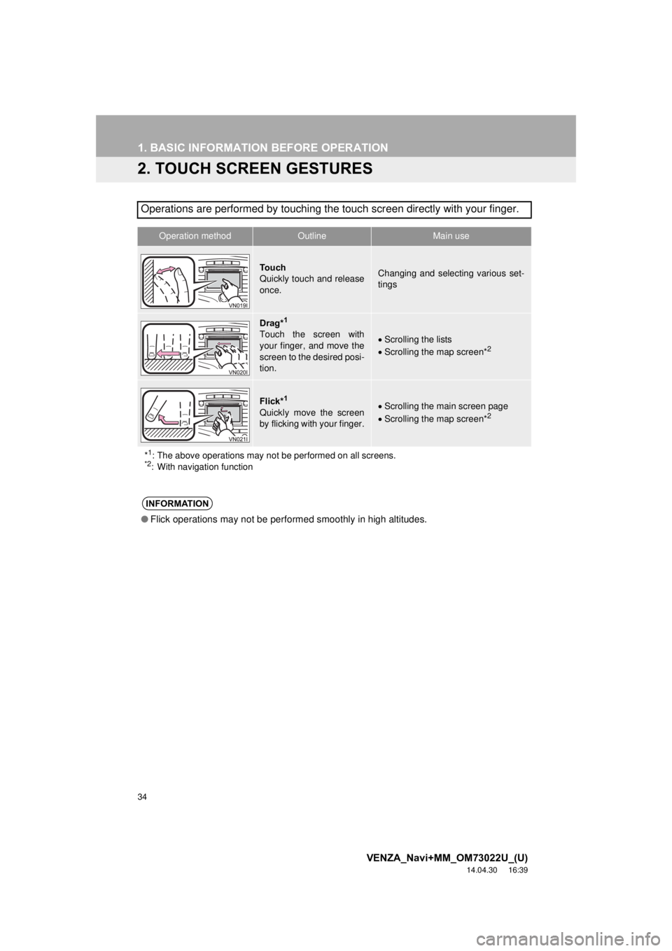 TOYOTA VENZA 2015 Accessories, Audio & Navigation (in English) 34
1. BASIC INFORMATION BEFORE OPERATION
VENZA_Navi+MM_OM73022U_(U)
14.04.30 16:39
2. TOUCH SCREEN GESTURES
Operations are performed by touching the touch screen directly with your finger.
Operati TOYOTA VENZA 2015 Accessories, Audio & Navigation (in English) 34
1. BASIC INFORMATION BEFORE OPERATION
VENZA_Navi+MM_OM73022U_(U)
14.04.30 16:39
2. TOUCH SCREEN GESTURES
Operations are performed by touching the touch screen directly with your finger.
Operati