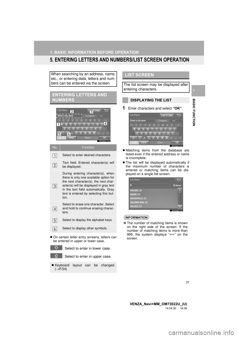 TOYOTA VENZA 2015 Accessories, Audio & Navigation (in English) 37
1. BASIC INFORMATION BEFORE OPERATION
VENZA_Navi+MM_OM73022U_(U)
14.04.30 16:39
BASIC FUNCTION
2
5. ENTERING LETTERS AND NUMB ERS/LIST SCREEN OPERATION
On certain letter entry screens, lette TOYOTA VENZA 2015 Accessories, Audio & Navigation (in English) 37
1. BASIC INFORMATION BEFORE OPERATION
VENZA_Navi+MM_OM73022U_(U)
14.04.30 16:39
BASIC FUNCTION
2
5. ENTERING LETTERS AND NUMB ERS/LIST SCREEN OPERATION
On certain letter entry screens, lette