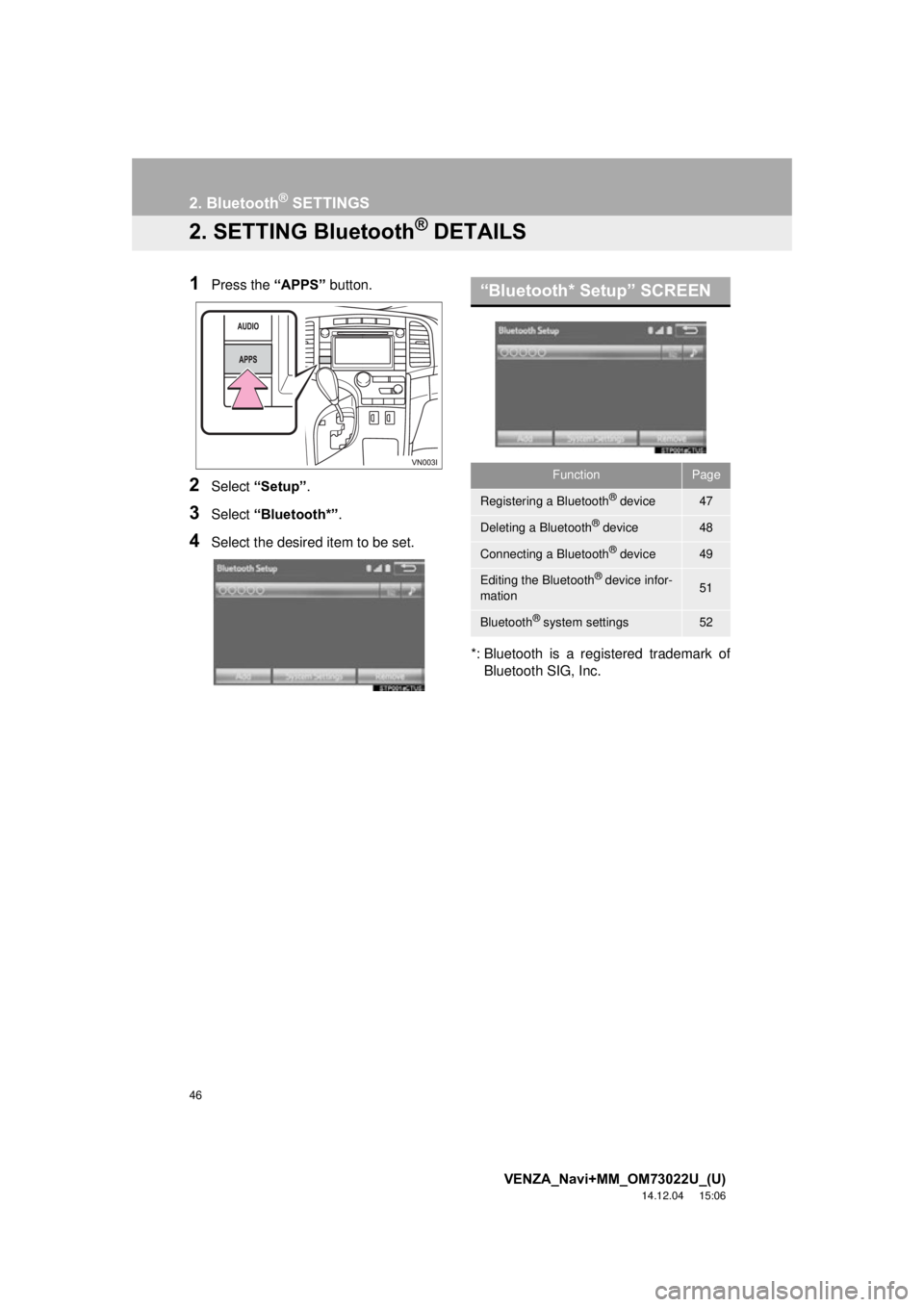 TOYOTA VENZA 2015 Accessories, Audio & Navigation (in English) 46
2. Bluetooth® SETTINGS
VENZA_Navi+MM_OM73022U_(U)
14.12.04 15:06
2. SETTING Bluetooth® DETAILS
1Press the “APPS” button.
2Select “Setup” .
3Select “Bluetooth*” .
4Select the desir TOYOTA VENZA 2015 Accessories, Audio & Navigation (in English) 46
2. Bluetooth® SETTINGS
VENZA_Navi+MM_OM73022U_(U)
14.12.04 15:06
2. SETTING Bluetooth® DETAILS
1Press the “APPS” button.
2Select “Setup” .
3Select “Bluetooth*” .
4Select the desir