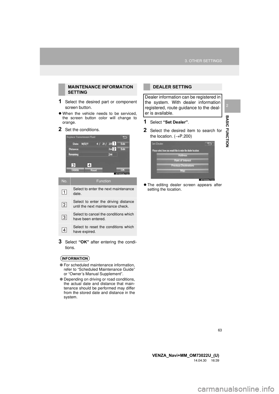 TOYOTA VENZA 2015 Accessories, Audio & Navigation (in English) 63
3. OTHER SETTINGS
VENZA_Navi+MM_OM73022U_(U)
14.04.30 16:39
BASIC FUNCTION
21Select the desired part or component
screen button.
When the vehicle needs to be serviced,
the screen button colo TOYOTA VENZA 2015 Accessories, Audio & Navigation (in English) 63
3. OTHER SETTINGS
VENZA_Navi+MM_OM73022U_(U)
14.04.30 16:39
BASIC FUNCTION
21Select the desired part or component
screen button.
When the vehicle needs to be serviced,
the screen button colo