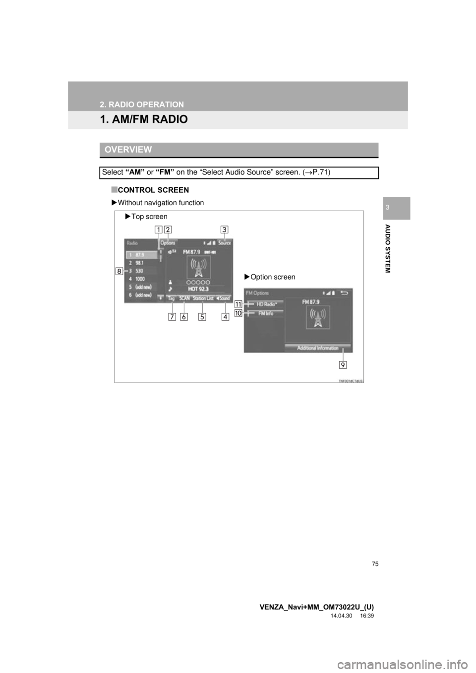 TOYOTA VENZA 2015  Accessories, Audio & Navigation (in English) 75
VENZA_Navi+MM_OM73022U_(U)
14.04.30     16:39
AUDIO SYSTEM
3
2. RADIO OPERATION
1. AM/FM RADIO
■CONTROL SCREEN
Without navigation function
OVERVIEW
Select  “AM” or “FM”  on the “Sele