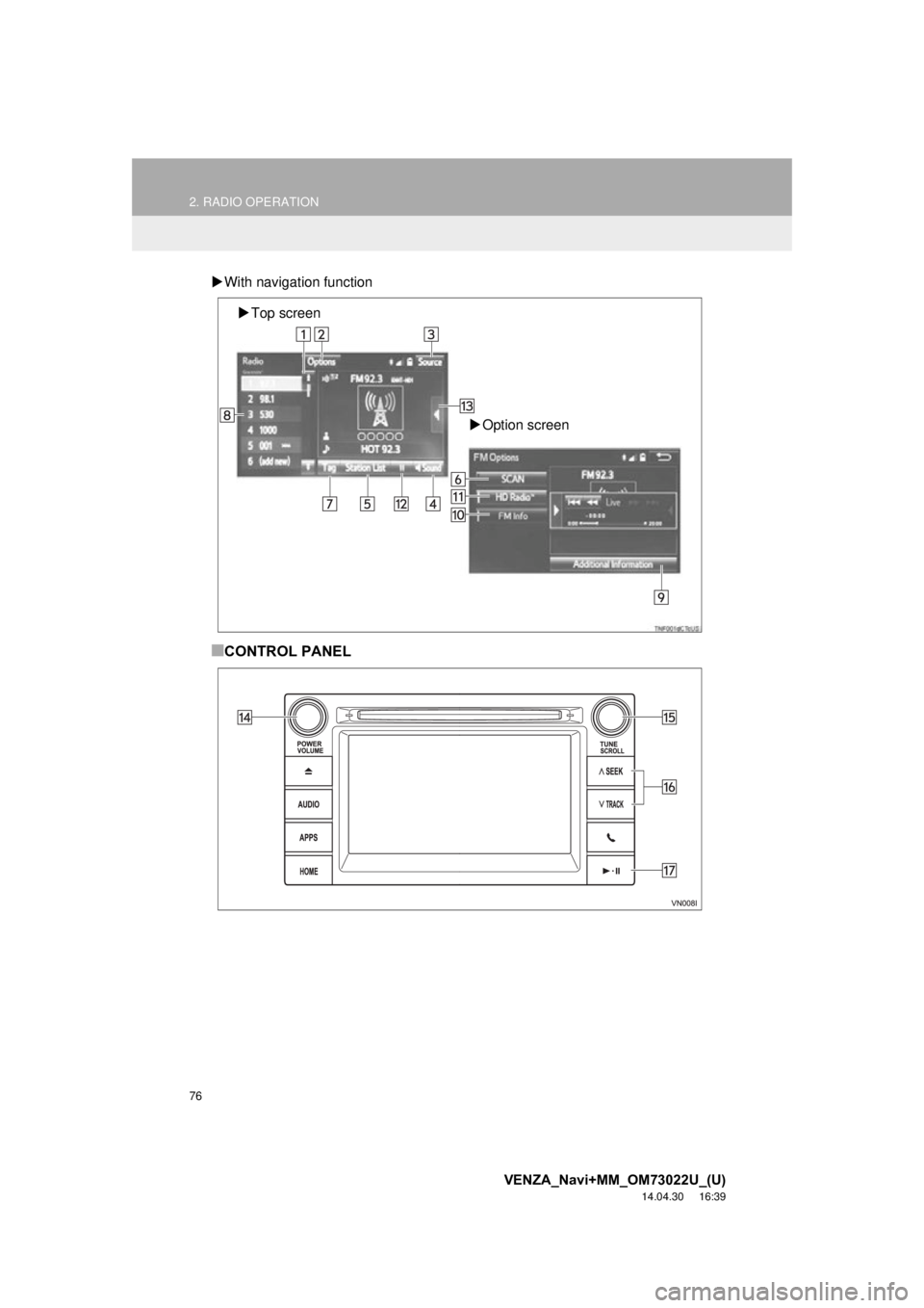 TOYOTA VENZA 2015  Accessories, Audio & Navigation (in English) 76
2. RADIO OPERATION
VENZA_Navi+MM_OM73022U_(U)
14.04.30     16:39
With navigation function
■CONTROL PANEL
Top screen
Option screen 