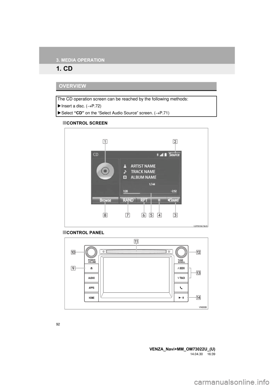 TOYOTA VENZA 2015  Accessories, Audio & Navigation (in English) 92
VENZA_Navi+MM_OM73022U_(U)
14.04.30     16:39
3. MEDIA OPERATION
1. CD
■CONTROL SCREEN
■CONTROL PANEL
OVERVIEW
The CD operation screen can be reached by the following methods:
Insert a disc.