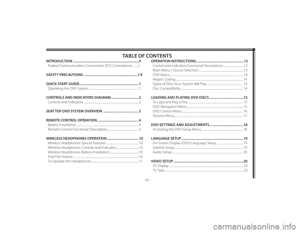 TOYOTA VENZA 2015  Accessories, Audio & Navigation (in English) 128-8673b
8 of 48
- VI -
TABLE OF CONTENTS
INTRODUCTION ......................................................................... II
Federal Communication Commission (FCC) Compliance .........I
SAFETY