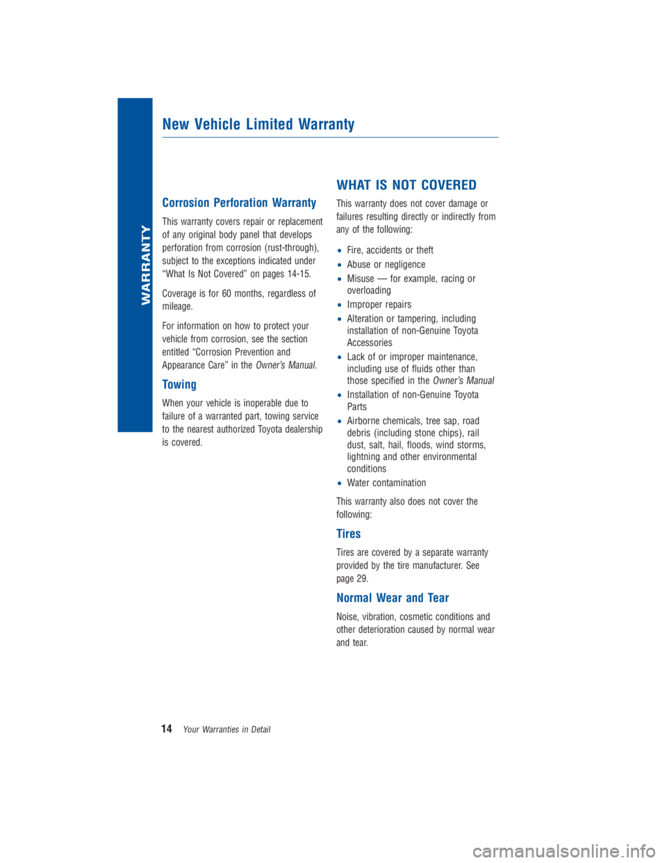 TOYOTA VENZA 2015 Warranties & Maintenance Guides (in English) Corrosion Perforation Warranty
This warranty covers repair or replacement
of any original body panel that develops
perforation from corrosion (rust-through),
subject to the exceptions indicated under
TOYOTA VENZA 2015 Warranties & Maintenance Guides (in English) Corrosion Perforation Warranty
This warranty covers repair or replacement
of any original body panel that develops
perforation from corrosion (rust-through),
subject to the exceptions indicated under