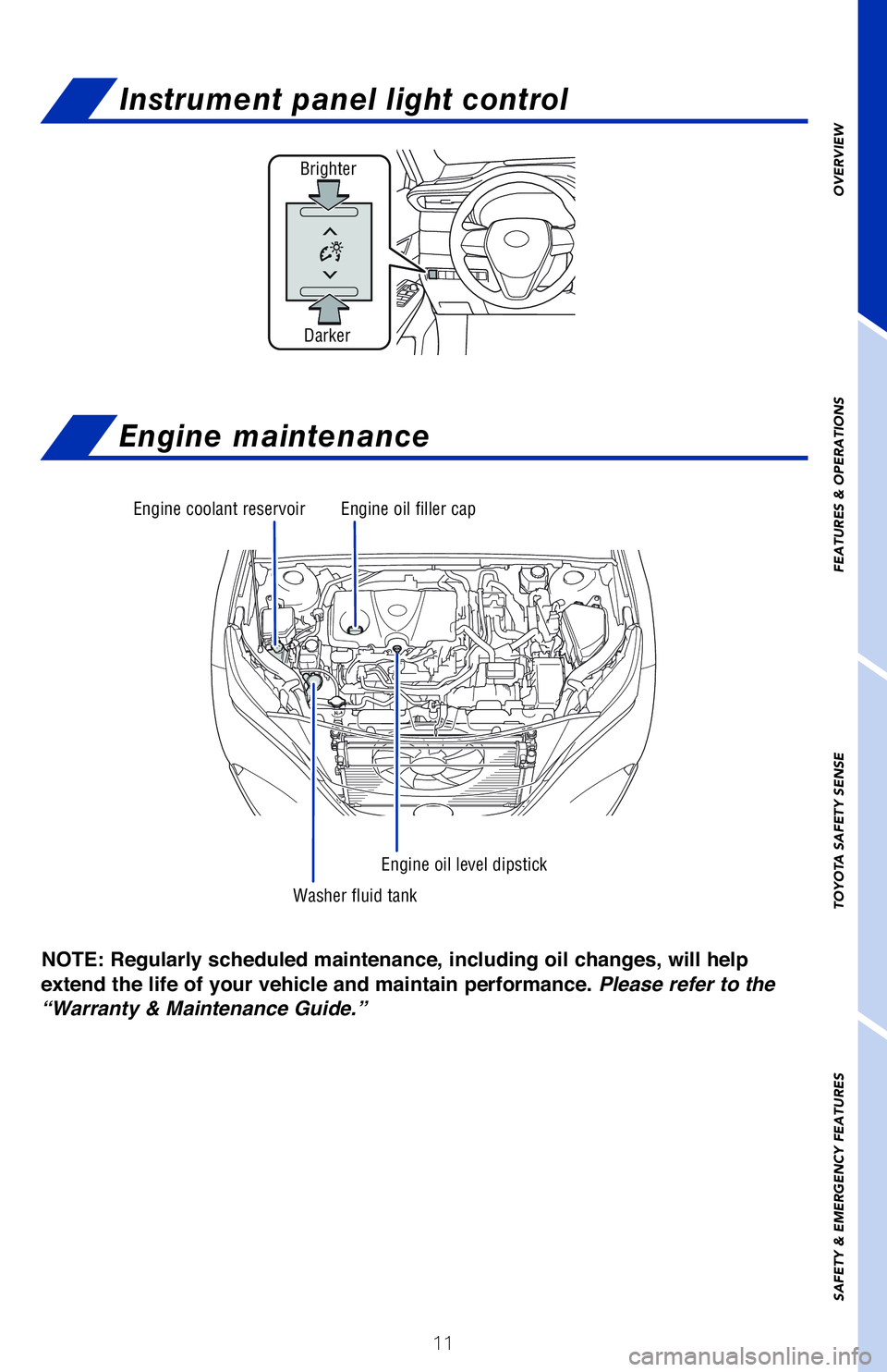 TOYOTA VENZA HYBRID 2021   (in English) User Guide 11 NOTE: Regularly scheduled maintenance, including  oil changes, will help 
extend the life of your vehicle and maintain performance. Please refer to the 
“Warranty & Maintenance Guide.”
OVERVIEW