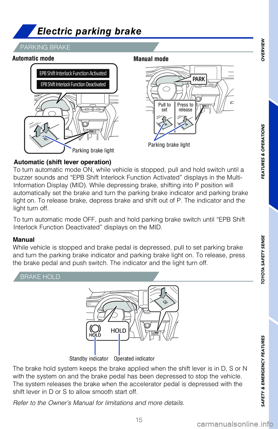 TOYOTA VENZA HYBRID 2021   (in English) User Guide 15
OVERVIEW FEATURES & OPERATIONS TOYOTA SAFETY SENSE SAFETY & EMERGENCY FEATURES
Electric parking brake
Automatic (shift lever operation)
ManualTo turn automatic mode ON, while vehicle is stopped, pu