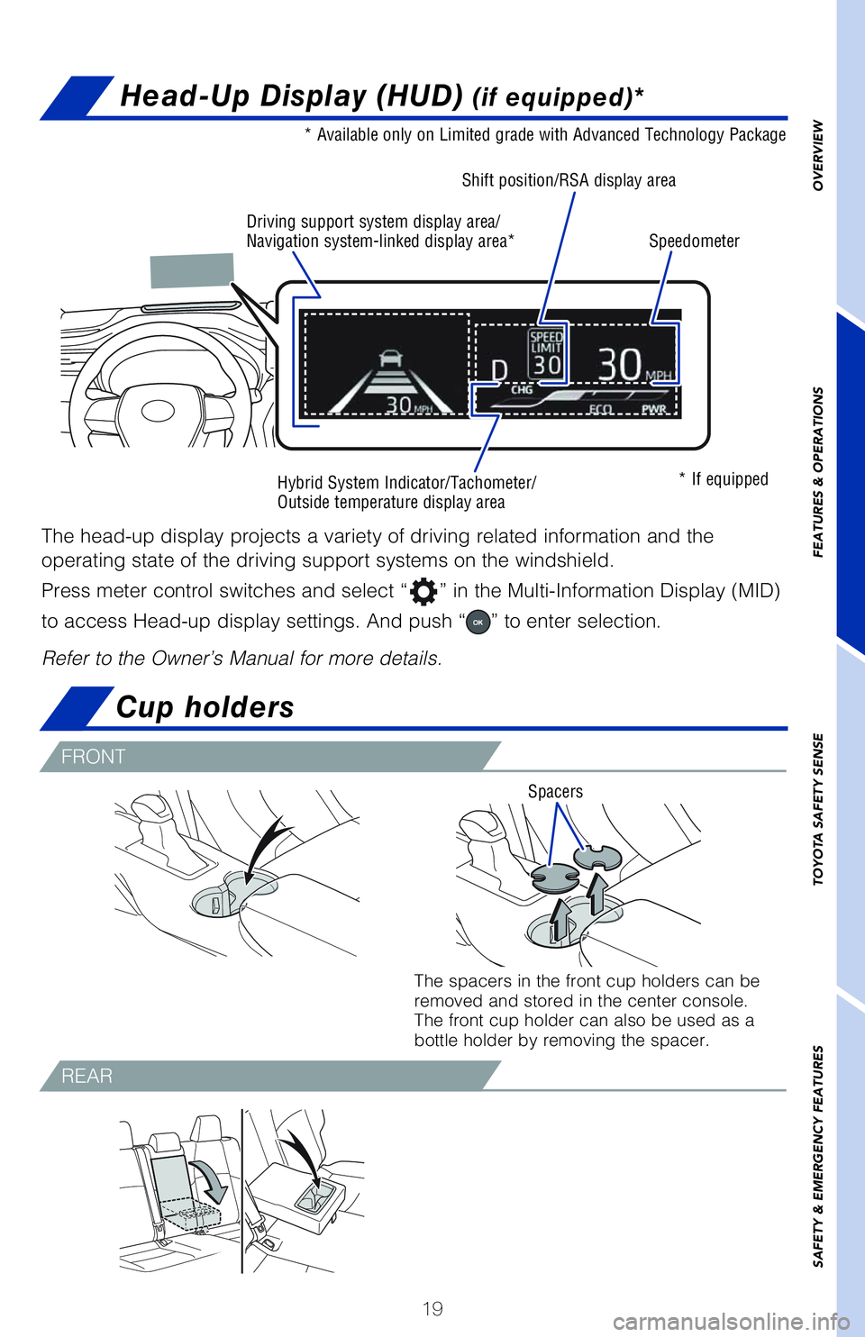 TOYOTA VENZA HYBRID 2021   (in English) Owners Manual 19
OVERVIEW FEATURES & OPERATIONS TOYOTA SAFETY SENSE SAFETY & EMERGENCY FEATURES
Spacers
Head-Up Display (HUD) (if equipped)*
The head-up display projects a variety of driving related information and