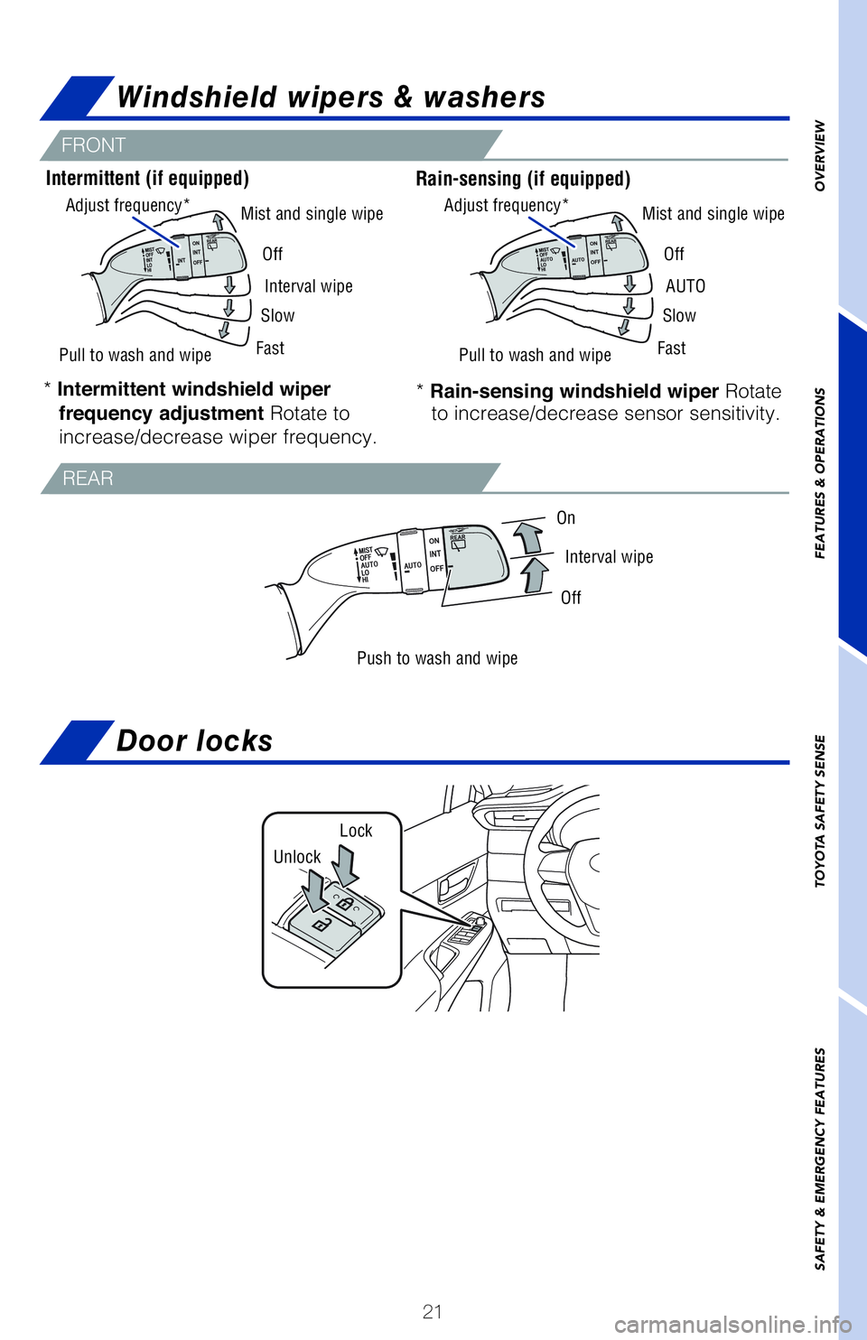 TOYOTA VENZA HYBRID 2021   (in English) Owners Manual 21
OVERVIEW FEATURES & OPERATIONS TOYOTA SAFETY SENSE SAFETY & EMERGENCY FEATURES
Windshield wipers & washers
FRONT
* Intermittent windshield wiper 
frequency adjustment Rotate to 
increase/decrease w