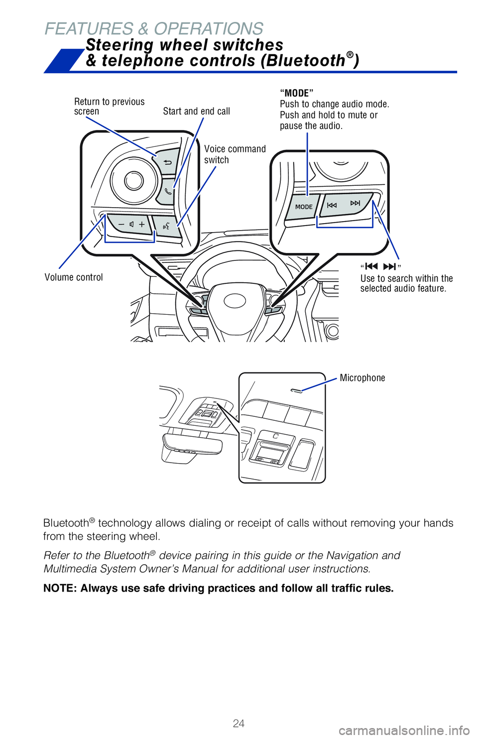 TOYOTA VENZA HYBRID 2021   (in English) Owners Manual 24
FEATURES & OPERATIONS
Bluetooth® technology allows dialing or receipt of calls without removing your hands 
from the steering wheel. 
Refer to the Bluetooth
® device pairing in this guide or the 