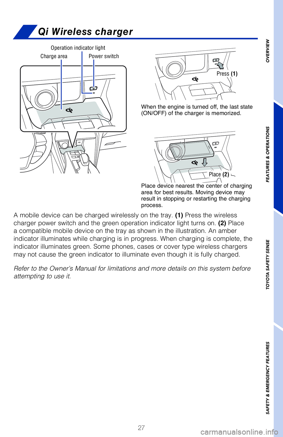 TOYOTA VENZA HYBRID 2021   (in English) Owners Manual 27
OVERVIEW FEATURES & OPERATIONS TOYOTA SAFETY SENSE SAFETY & EMERGENCY FEATURESPower switchCharge area
Operation indicator light
Qi Wireless charger
A mobile device can be charged wirelessly on the 