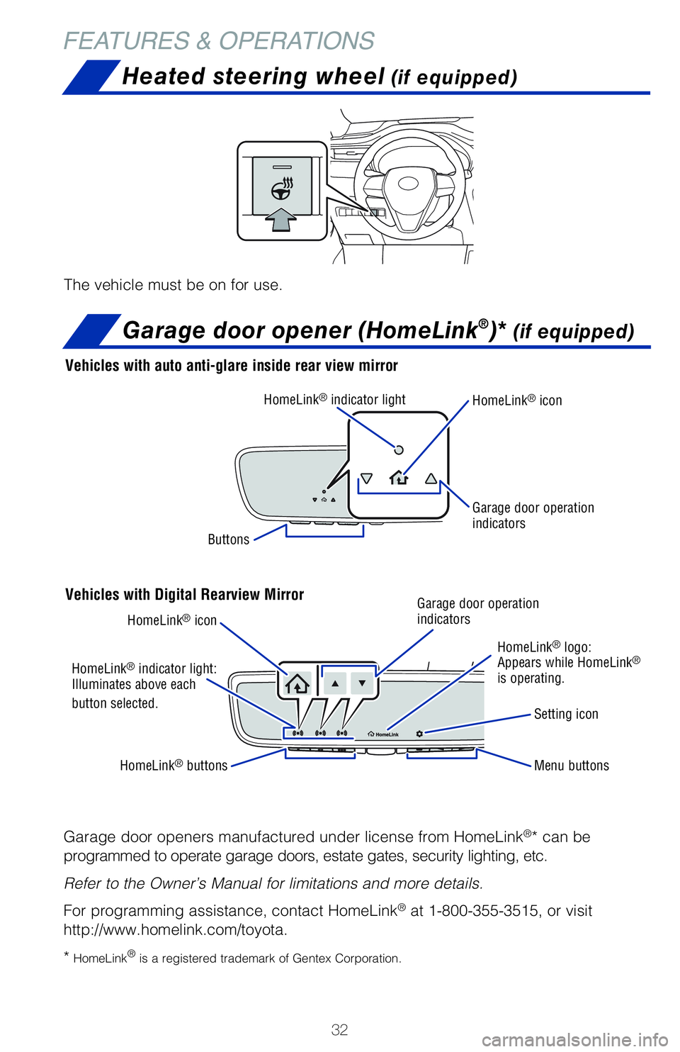 TOYOTA VENZA HYBRID 2021   (in English) Owners Guide 32
FEATURES & OPERATIONS
Heated steering wheel (if equipped)
The vehicle must be on for use.
Garage door openers manufactured under license from HomeLink®* can be 
programmed to operate garage doors,