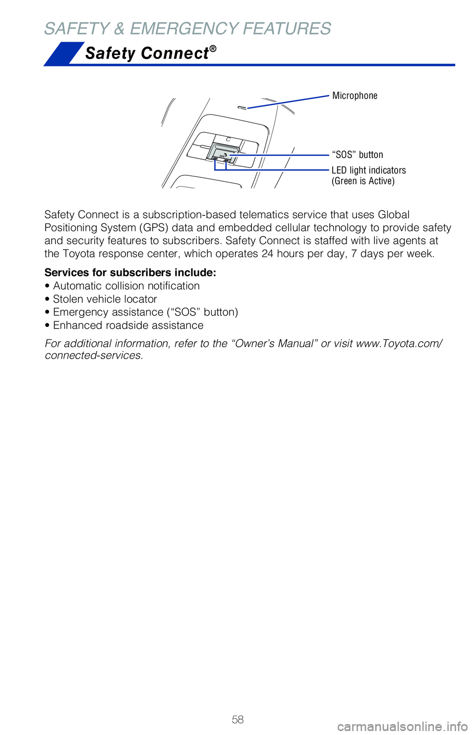 TOYOTA VENZA HYBRID 2021   (in English) Workshop Manual 58
SAFETY & EMERGENCY FEATURES
Safety Connect® 
Safety Connect is a subscription-based telematics service that uses Global 
�1�P�T�J�U�J�P�O�J�O�H��4�Z�T�U�F�N��	�(�1�4�
��E�B�U�B��B�O�E��F�N�C�