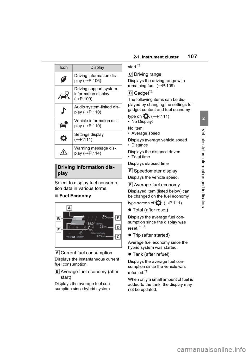 TOYOTA VENZA HYBRID 2021 Owners Manual (in English) 1072-1. Instrument cluster
2
Vehicle status information and indicators
Select to display fuel consump-
tion data in various forms.
■Fuel EconomyCurrent fuel consumption
Displays the instantaneous cu TOYOTA VENZA HYBRID 2021 Owners Manual (in English) 1072-1. Instrument cluster
2
Vehicle status information and indicators
Select to display fuel consump-
tion data in various forms.
■Fuel EconomyCurrent fuel consumption
Displays the instantaneous cu