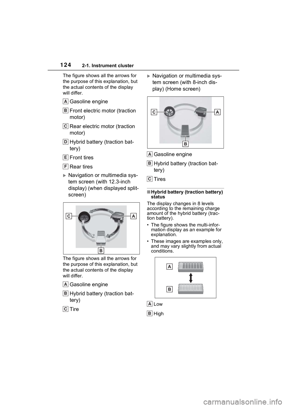 TOYOTA VENZA HYBRID 2021 Owners Manual (in English) 1242-1. Instrument cluster
The figure shows all the arrows for
the purpose of this explanation, but
the actual contents of the display
will differ.
Gasoline engine
Front electric motor (traction
m TOYOTA VENZA HYBRID 2021 Owners Manual (in English) 1242-1. Instrument cluster
The figure shows all the arrows for
the purpose of this explanation, but
the actual contents of the display
will differ.
Gasoline engine
Front electric motor (traction
m