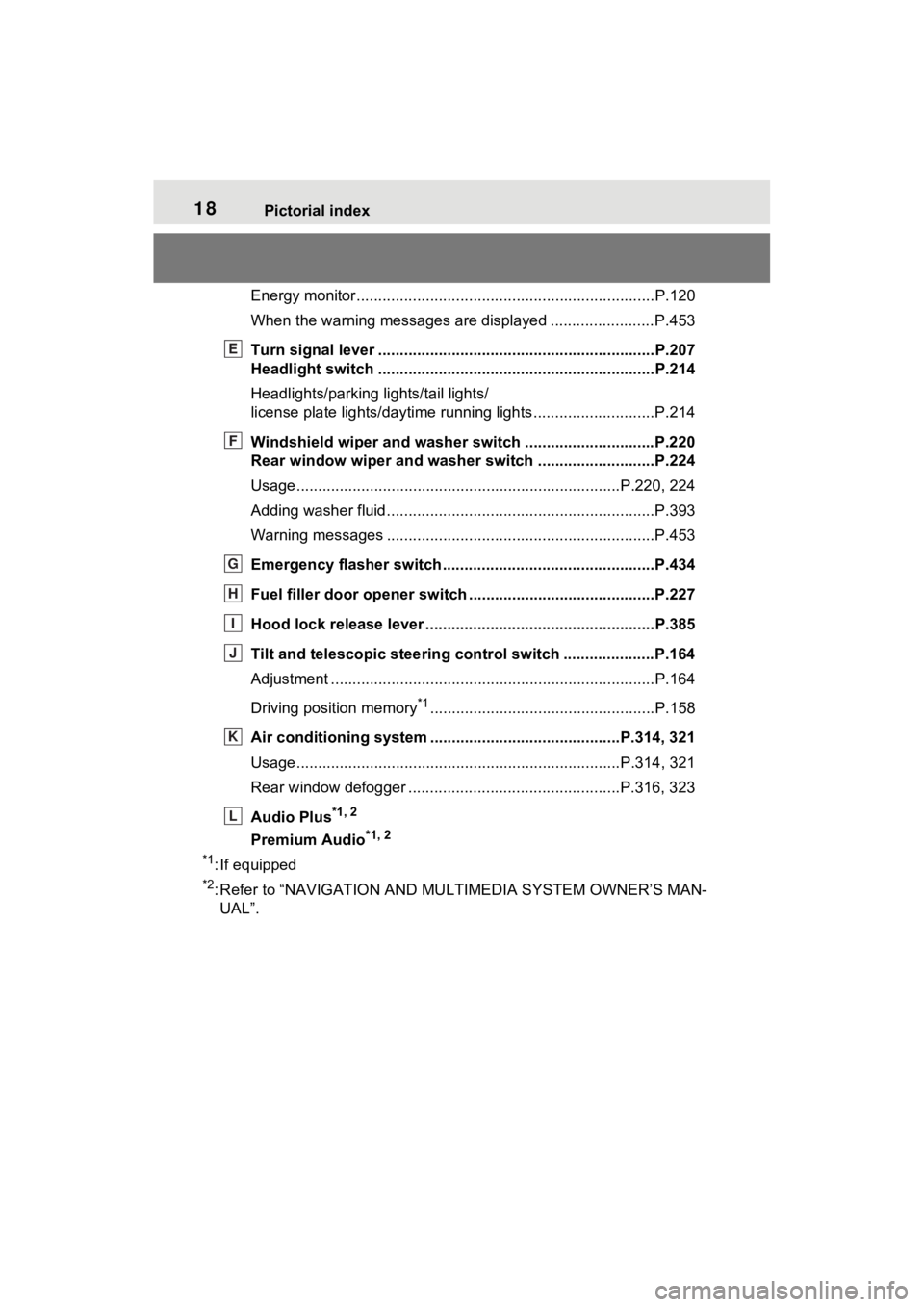 TOYOTA VENZA HYBRID 2021   (in English) User Guide 18Pictorial index
Energy monitor.....................................................................P.120
When the warning messages are displayed ........................ P.453
Turn signal lever ....