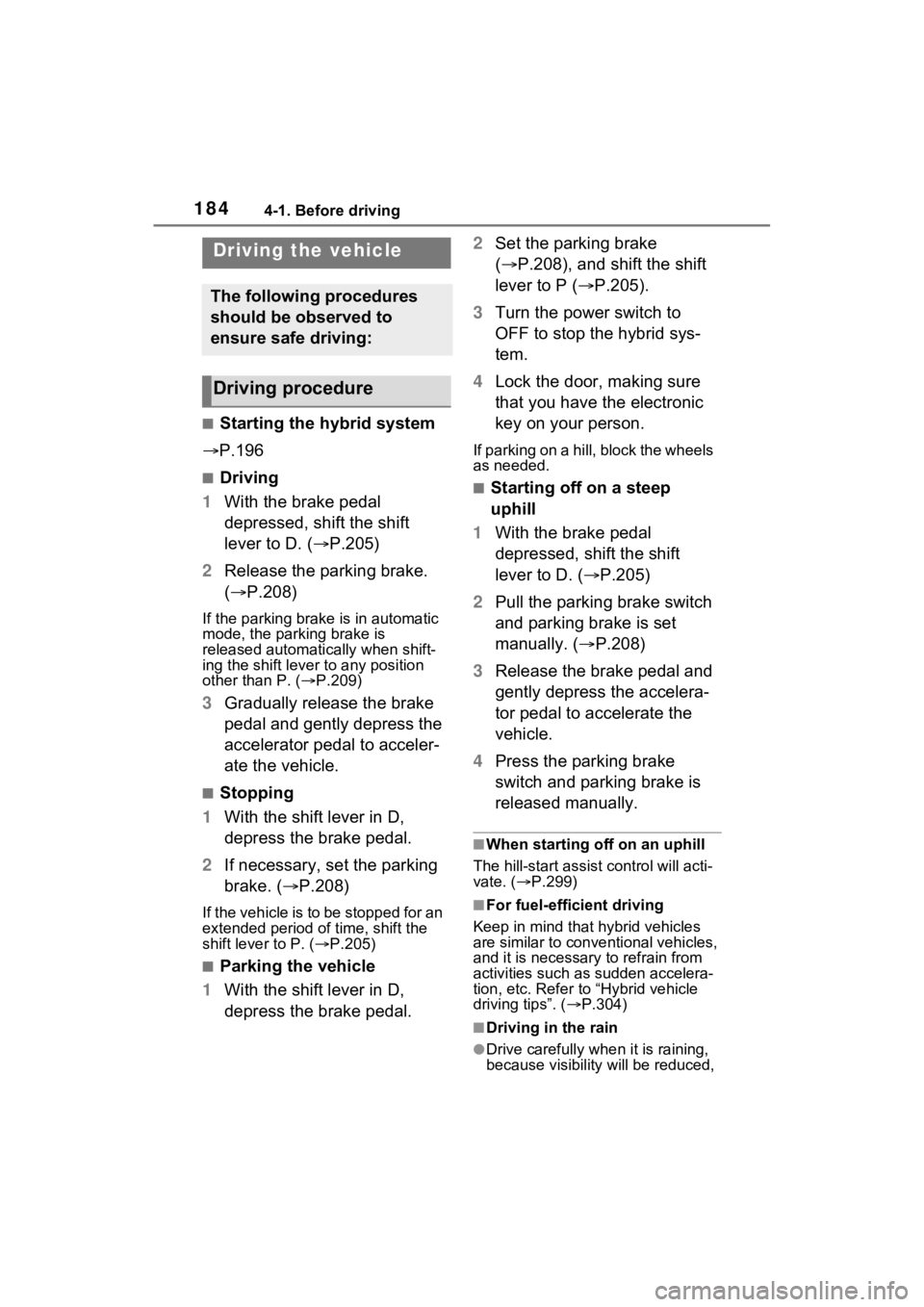TOYOTA VENZA HYBRID 2021 Owners Manual (in English) 1844-1. Before driving
4-1.Before driving
■Starting the hybrid system
P.196
■Driving
1 With the brake pedal
depressed, shift the shift
lever to D. ( P.205)
2 Release the parking brake.
( TOYOTA VENZA HYBRID 2021 Owners Manual (in English) 1844-1. Before driving
4-1.Before driving
■Starting the hybrid system
P.196
■Driving
1 With the brake pedal
depressed, shift the shift
lever to D. ( P.205)
2 Release the parking brake.
(
