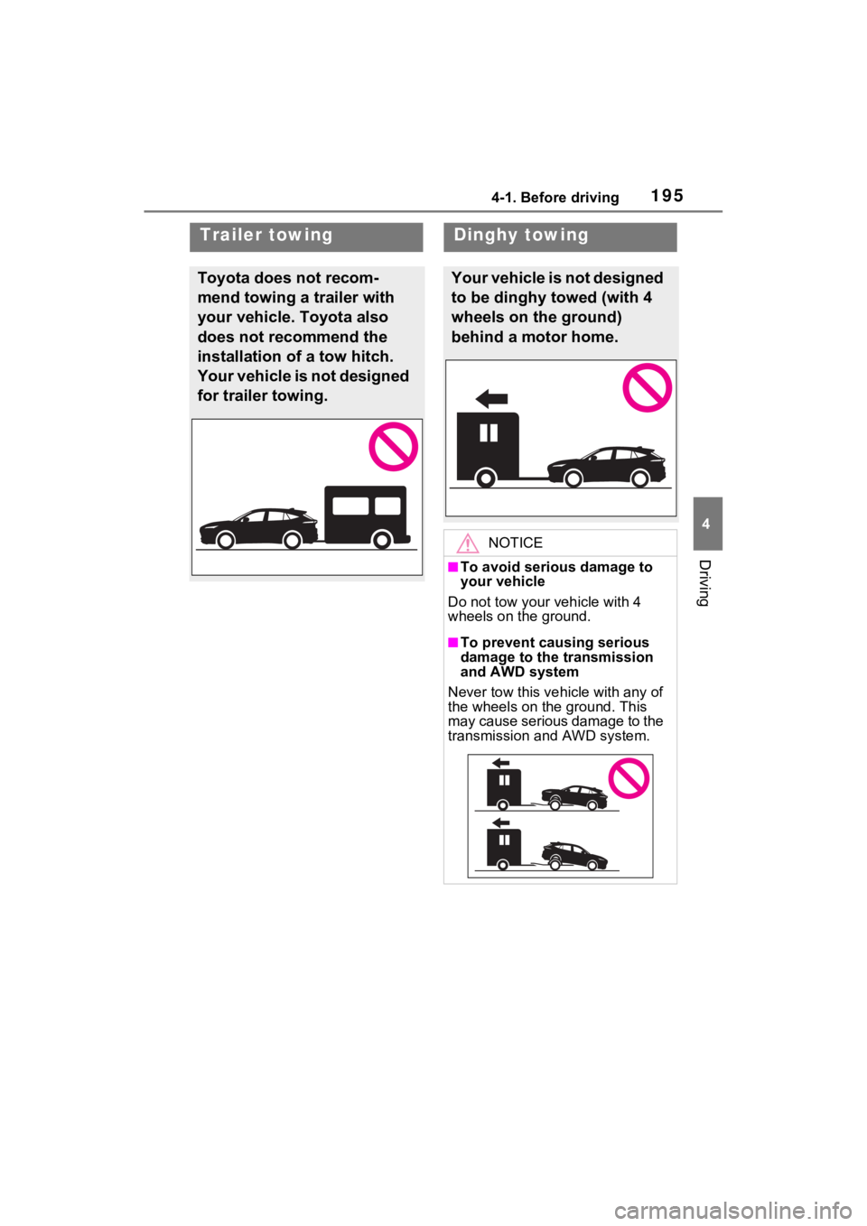 TOYOTA VENZA HYBRID 2021 Owners Manual (in English) 1954-1. Before driving
4
Driving
Trailer towing
Toyota does not recom-
mend towing a trailer with
your vehicle. Toyota also
does not recommend the
installation of a tow hitch.
Your vehicle is not TOYOTA VENZA HYBRID 2021 Owners Manual (in English) 1954-1. Before driving
4
Driving
Trailer towing
Toyota does not recom-
mend towing a trailer with
your vehicle. Toyota also
does not recommend the
installation of a tow hitch.
Your vehicle is not