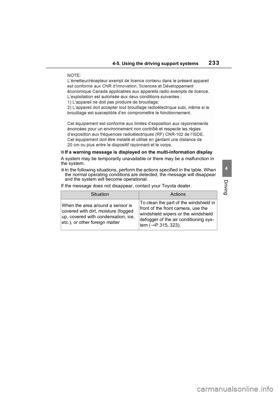 TOYOTA VENZA HYBRID 2021 Owners Manual (in English) 2334-5. Using the driving support systems
4
Driving
■If a warning message is displayed on the multi-information display
A system may be temporarily unava ilable or there may be a malfunction in
the TOYOTA VENZA HYBRID 2021 Owners Manual (in English) 2334-5. Using the driving support systems
4
Driving
■If a warning message is displayed on the multi-information display
A system may be temporarily unava ilable or there may be a malfunction in
the