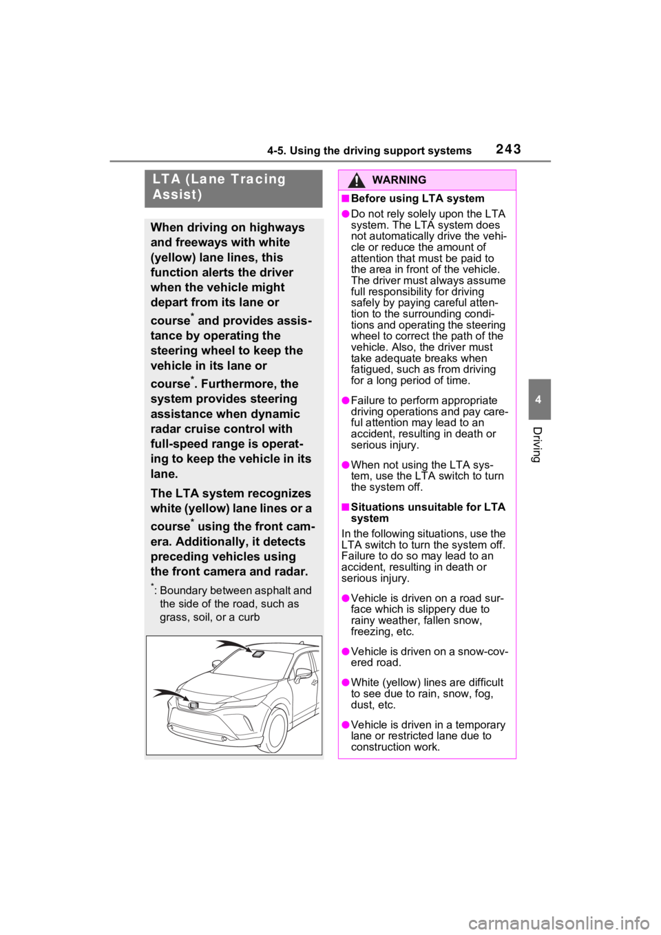 TOYOTA VENZA HYBRID 2021 Owners Manual (in English) 2434-5. Using the driving support systems
4
Driving
LTA (Lane Tracing
Assist)
When driving on highways
and freeways with white
(yellow) lane lines, this
function alerts the driver
when the vehicl TOYOTA VENZA HYBRID 2021 Owners Manual (in English) 2434-5. Using the driving support systems
4
Driving
LTA (Lane Tracing
Assist)
When driving on highways
and freeways with white
(yellow) lane lines, this
function alerts the driver
when the vehicl