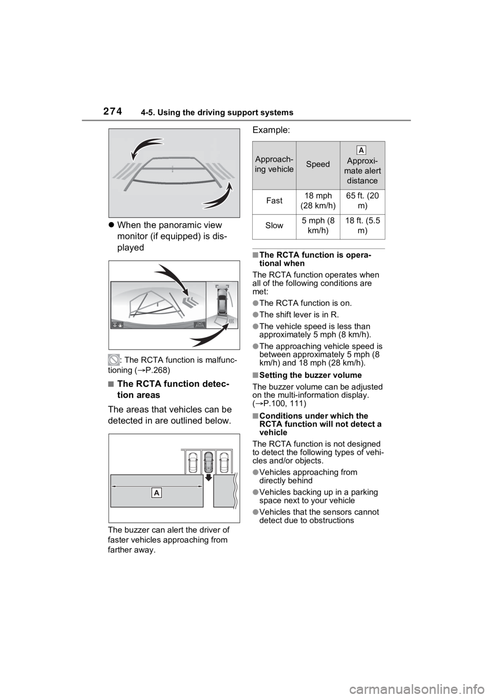 TOYOTA VENZA HYBRID 2021 Owners Manual (in English) 2744-5. Using the driving support systems
When the panoramic view
monitor (if equipped) is dis-
played
: The RCTA function is malfunc-
tioning ( P.268)
■The RCTA function detec-
tion areas
Th TOYOTA VENZA HYBRID 2021 Owners Manual (in English) 2744-5. Using the driving support systems
When the panoramic view
monitor (if equipped) is dis-
played
: The RCTA function is malfunc-
tioning ( P.268)
■The RCTA function detec-
tion areas
Th